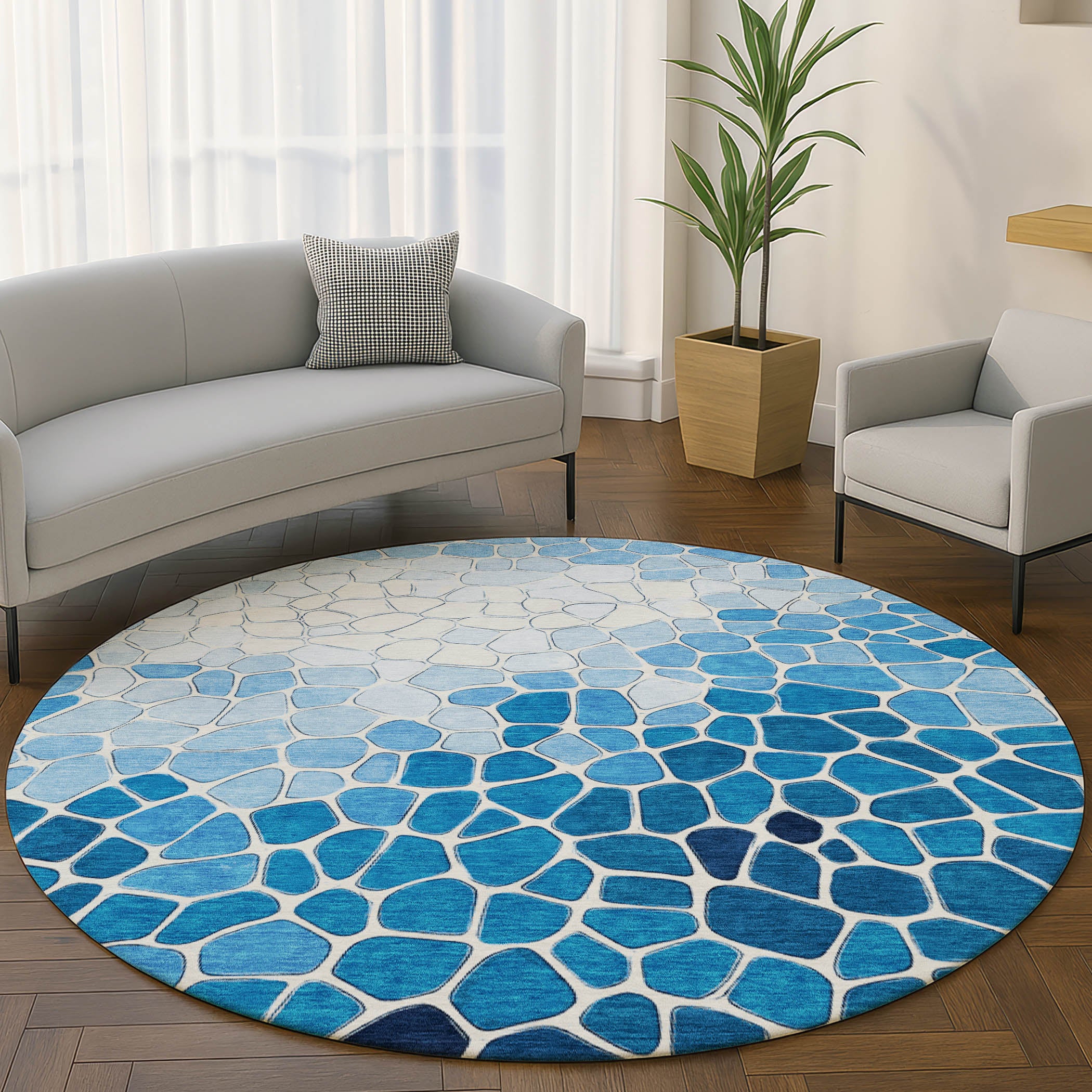 Ghent Machine Washable Transitional Blue Rug 8' x 8' #shape_Round