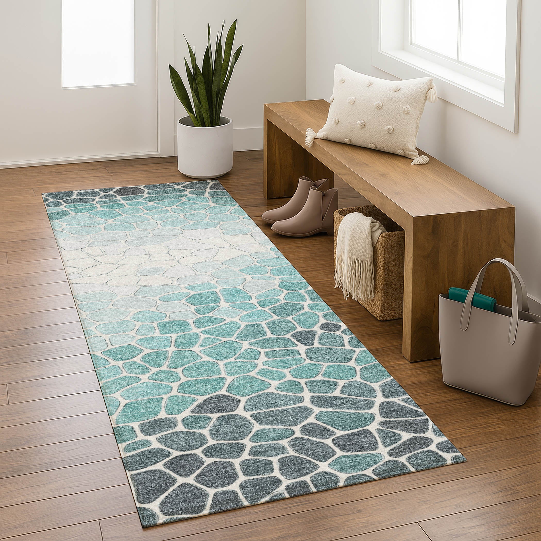 Ghent Machine Washable Transitional Teal Rug 2'3" x 7'6" #shape_Runner