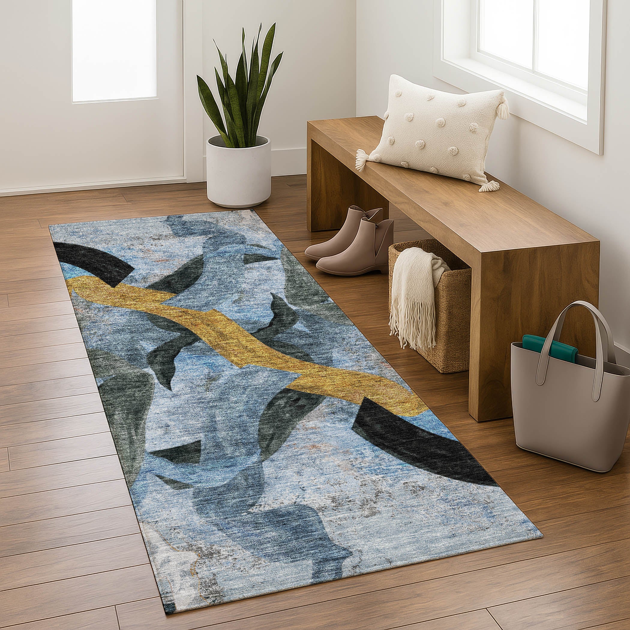 Athens Machine Washable Transitional Denim Blue Rug 2'3" x 7'6" #shape_Runner