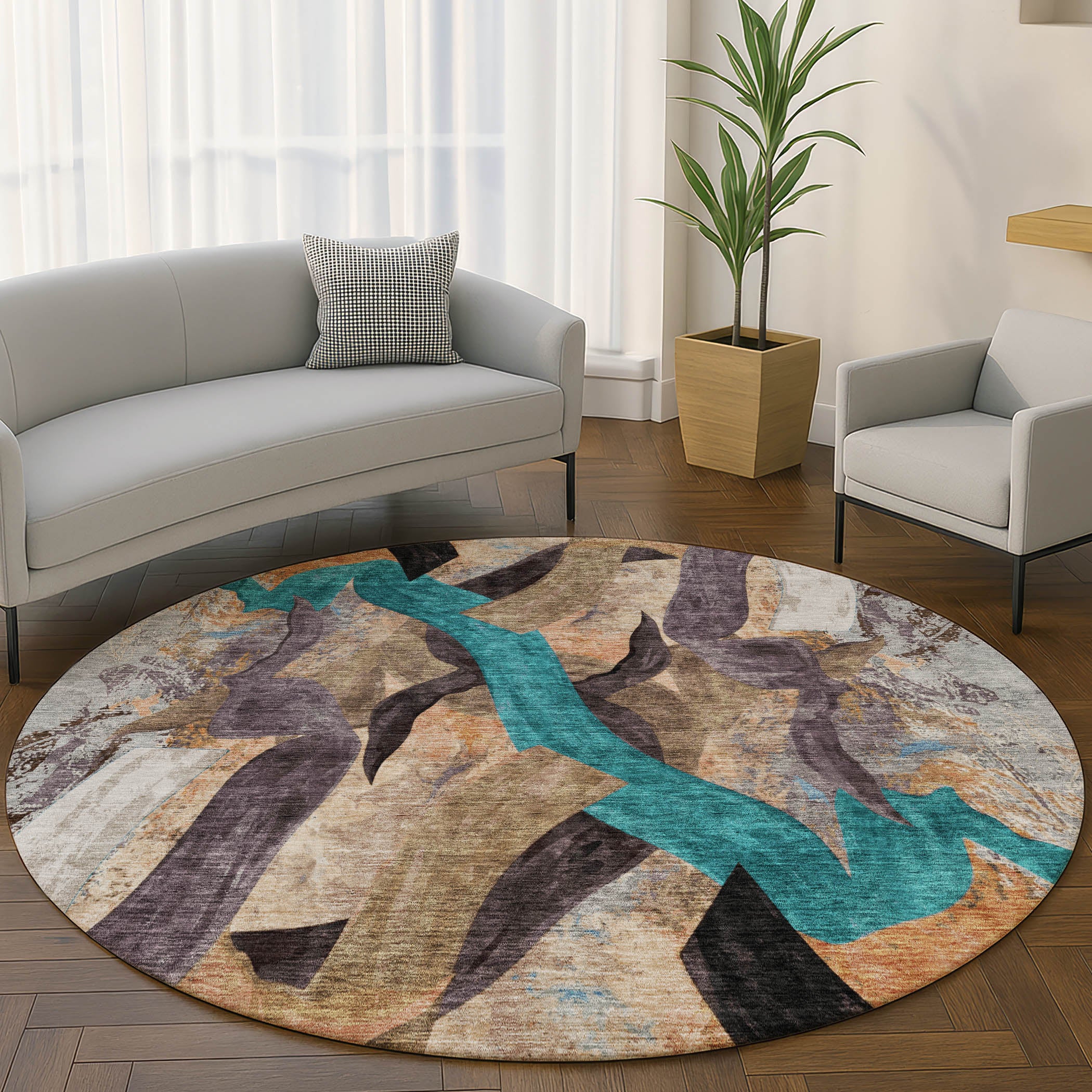 Athens Machine Washable Transitional Gray Rug 8' x 8' #shape_Round