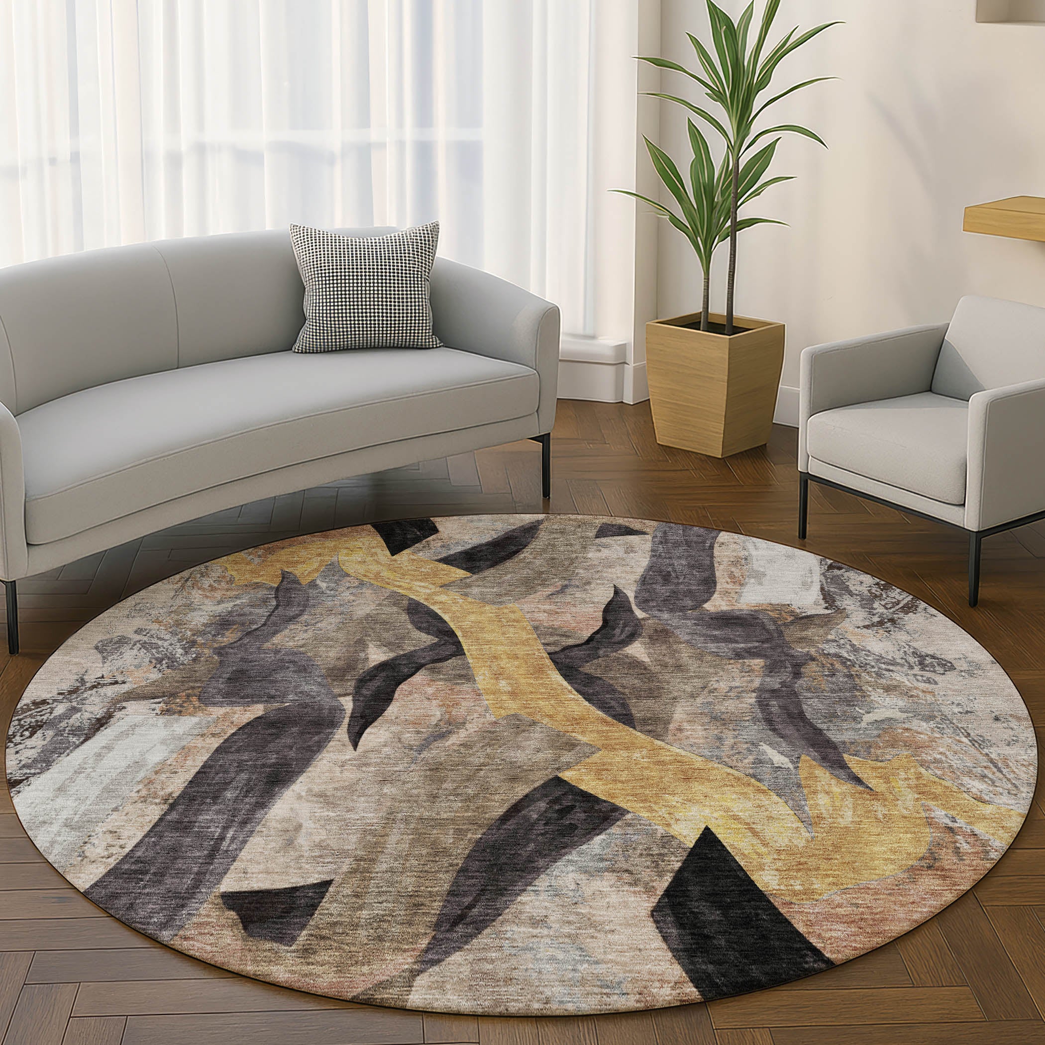 Athens Machine Washable Transitional Taupe Brown Rug 8' x 8' #shape_Round