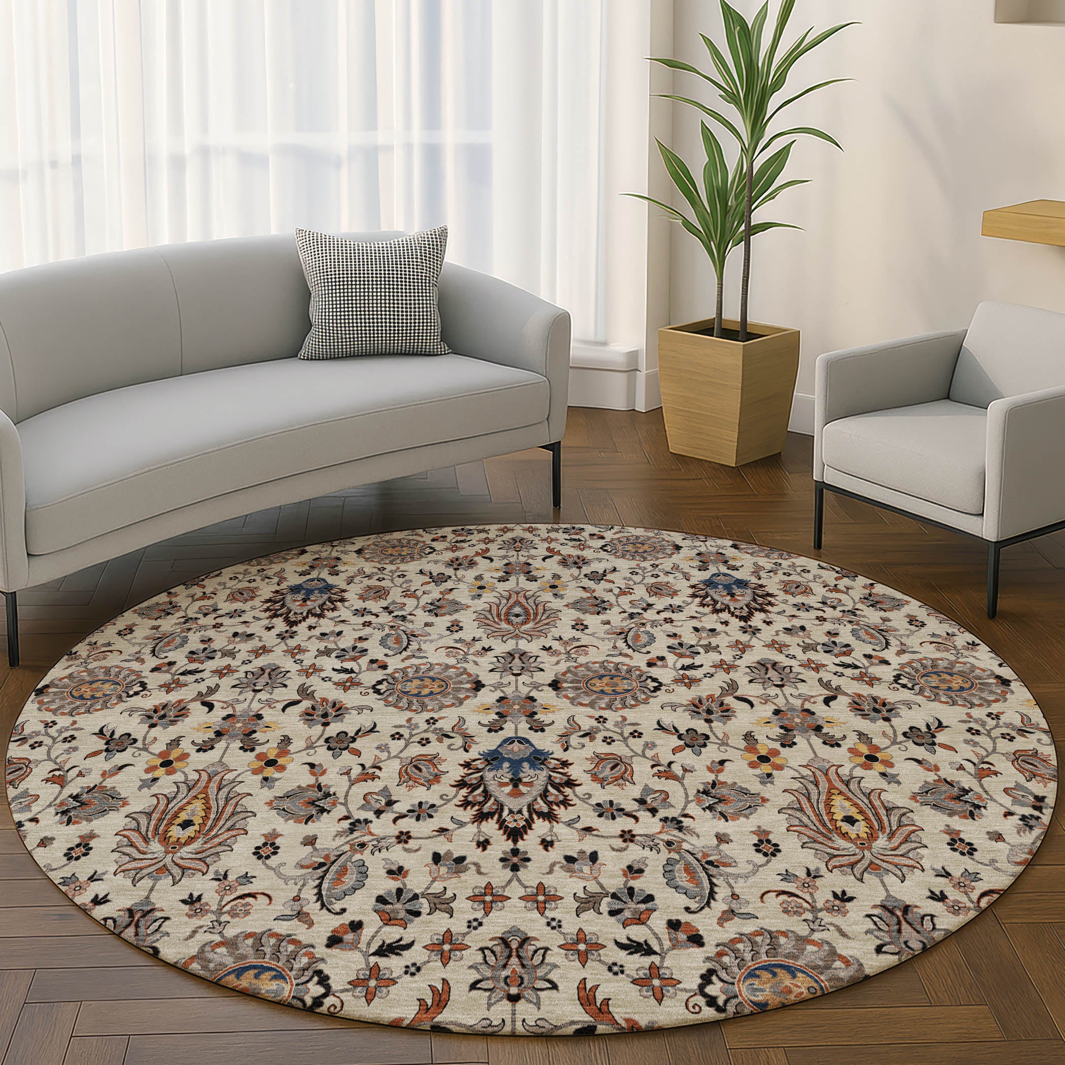 Hoi An Machine Washable Traditional Beige Brown Rug 8' x 8' #shape_Round