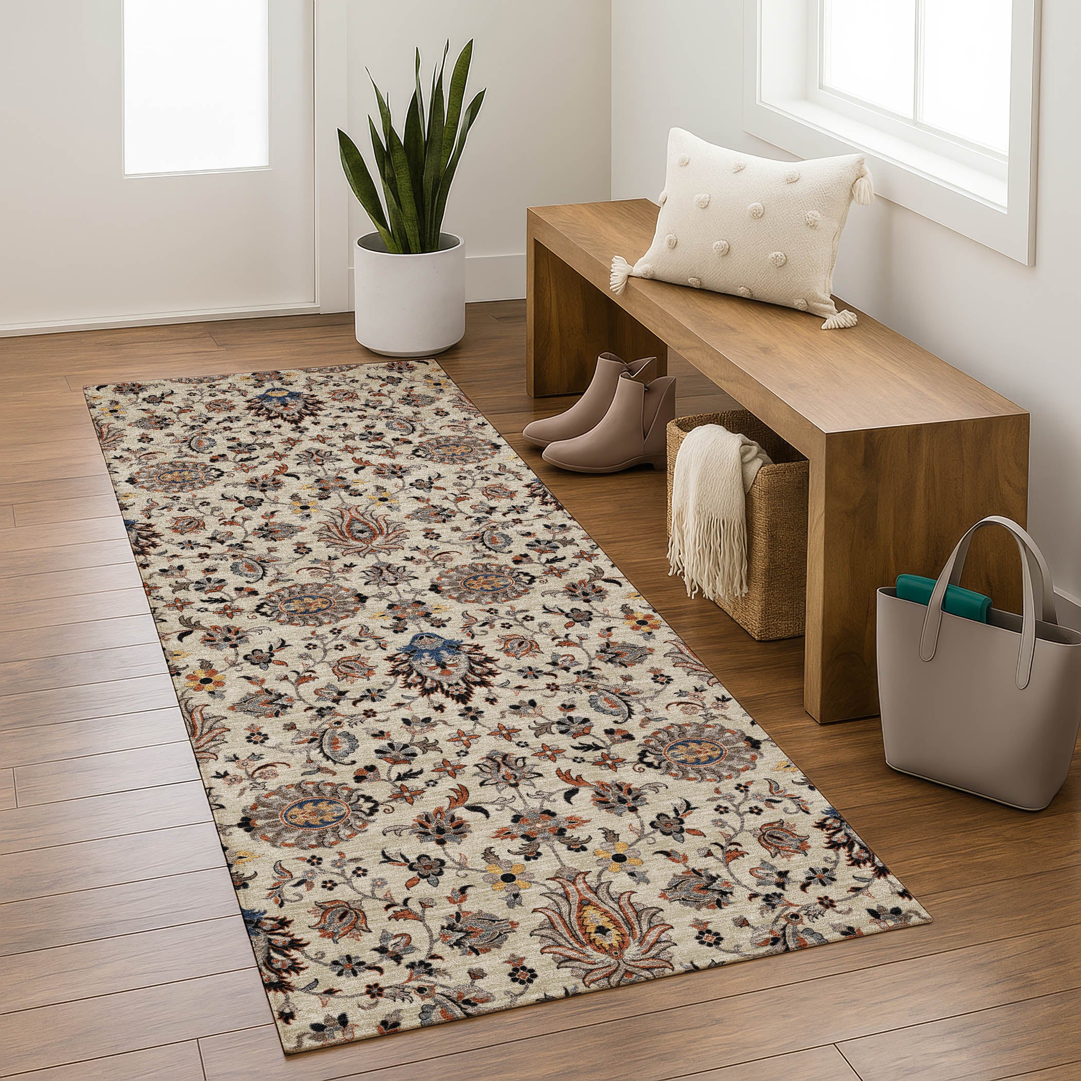 Hoi An Machine Washable Traditional Beige Brown Rug 2'3" x 7'6" #shape_Runner
