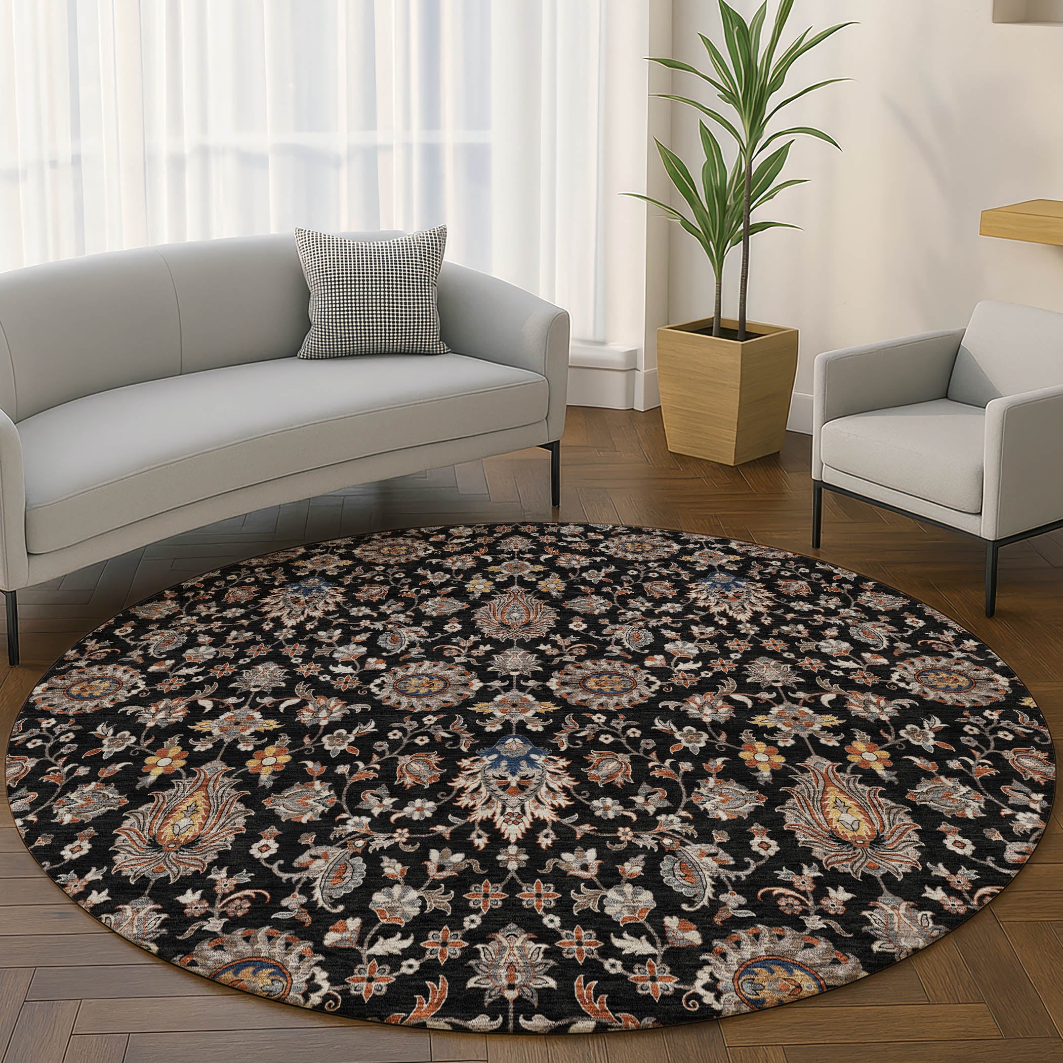 Hoi An Machine Washable Traditional Black Rug 8' x 8' #shape_Round