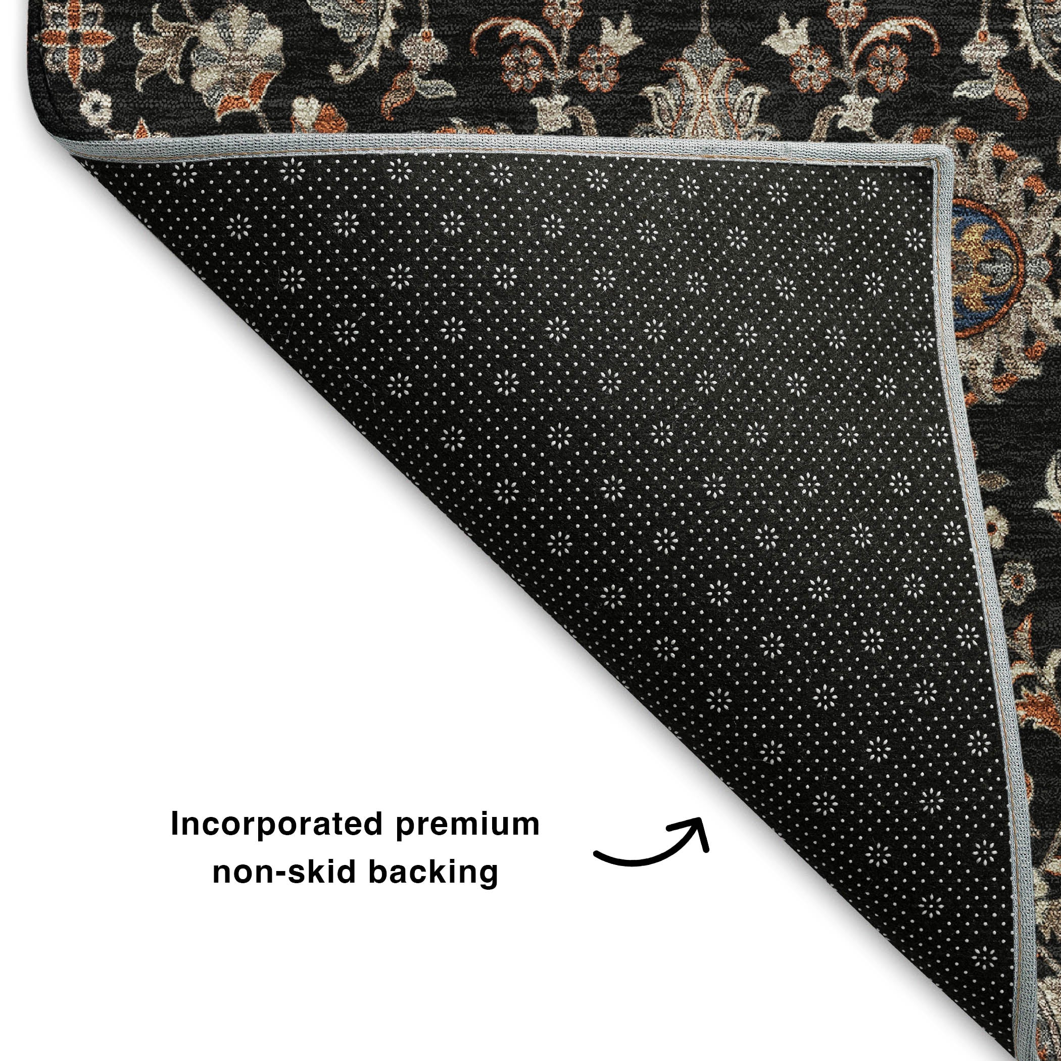 Hoi An Machine Washable Traditional Black Rug 1'8" x 2'6" #shape_Rectangle