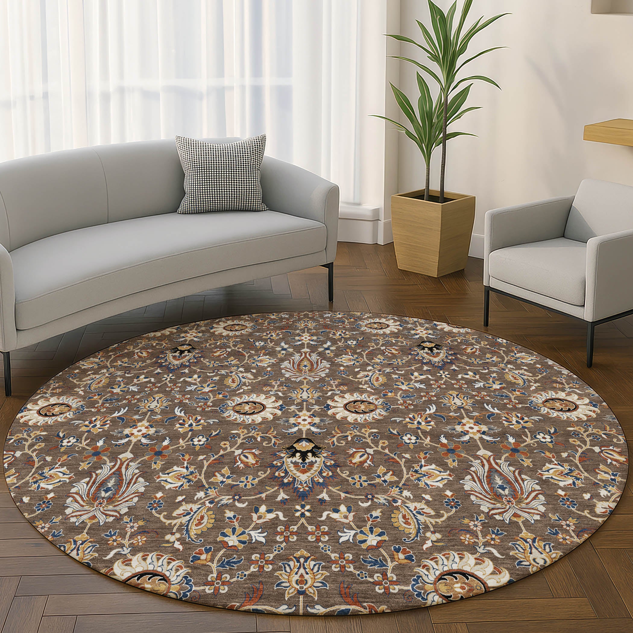 Hoi An Machine Washable Traditional Chocolate Brown Rug 8' x 8' #shape_Round