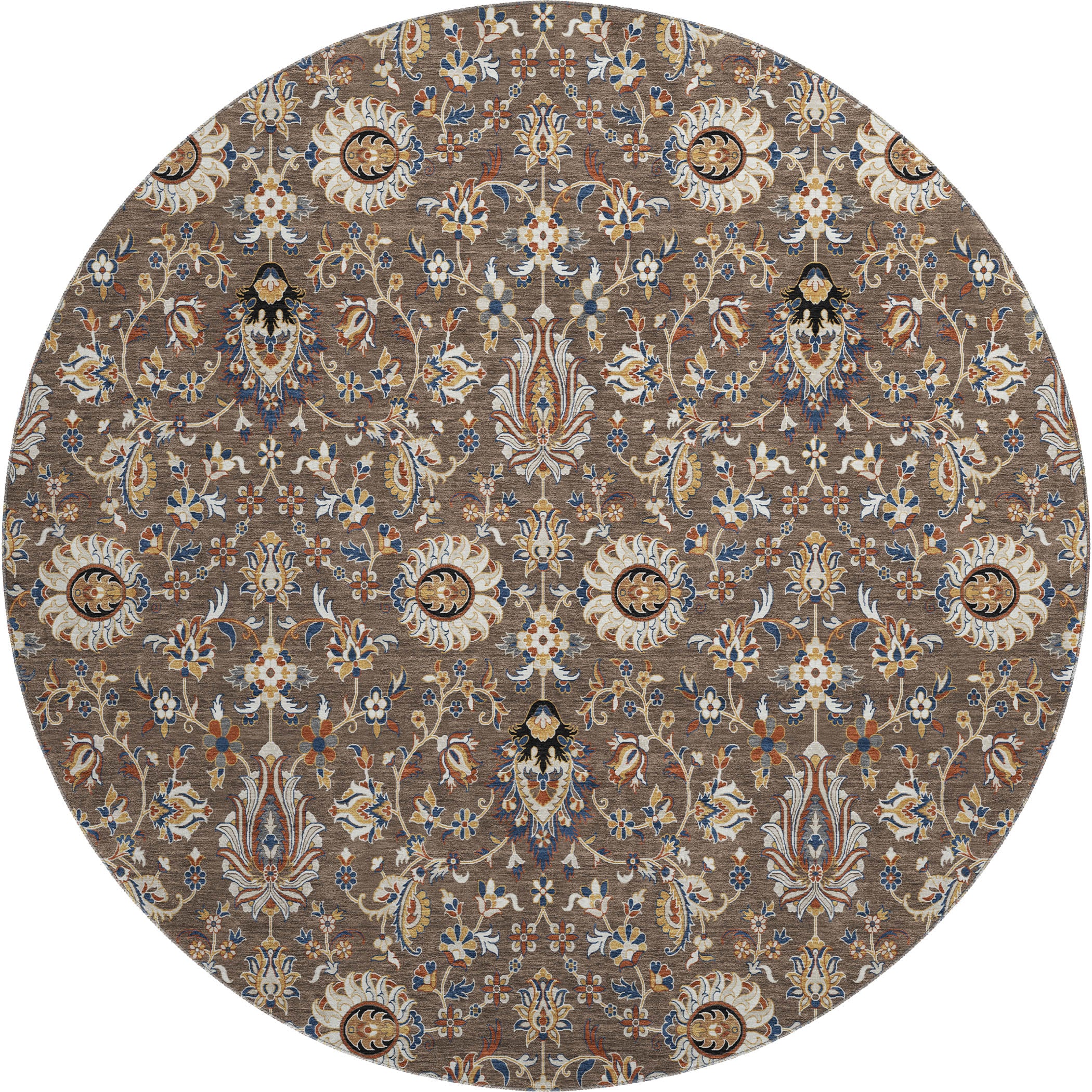 Hoi An Machine Washable Traditional Chocolate Brown Rug 8' x 8' #shape_Round