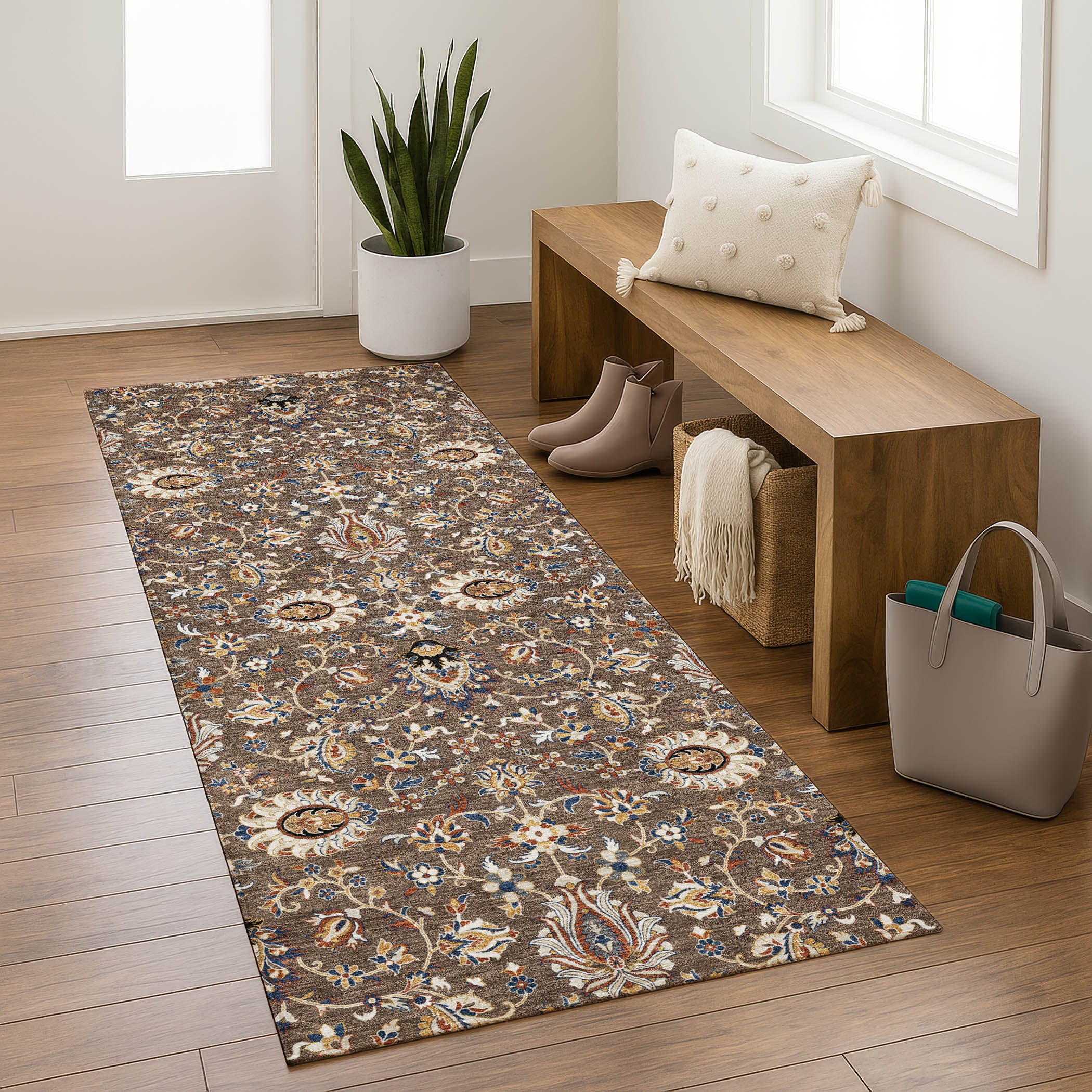 Hoi An Machine Washable Traditional Chocolate Brown Rug 2'3" x 7'6" #shape_Runner
