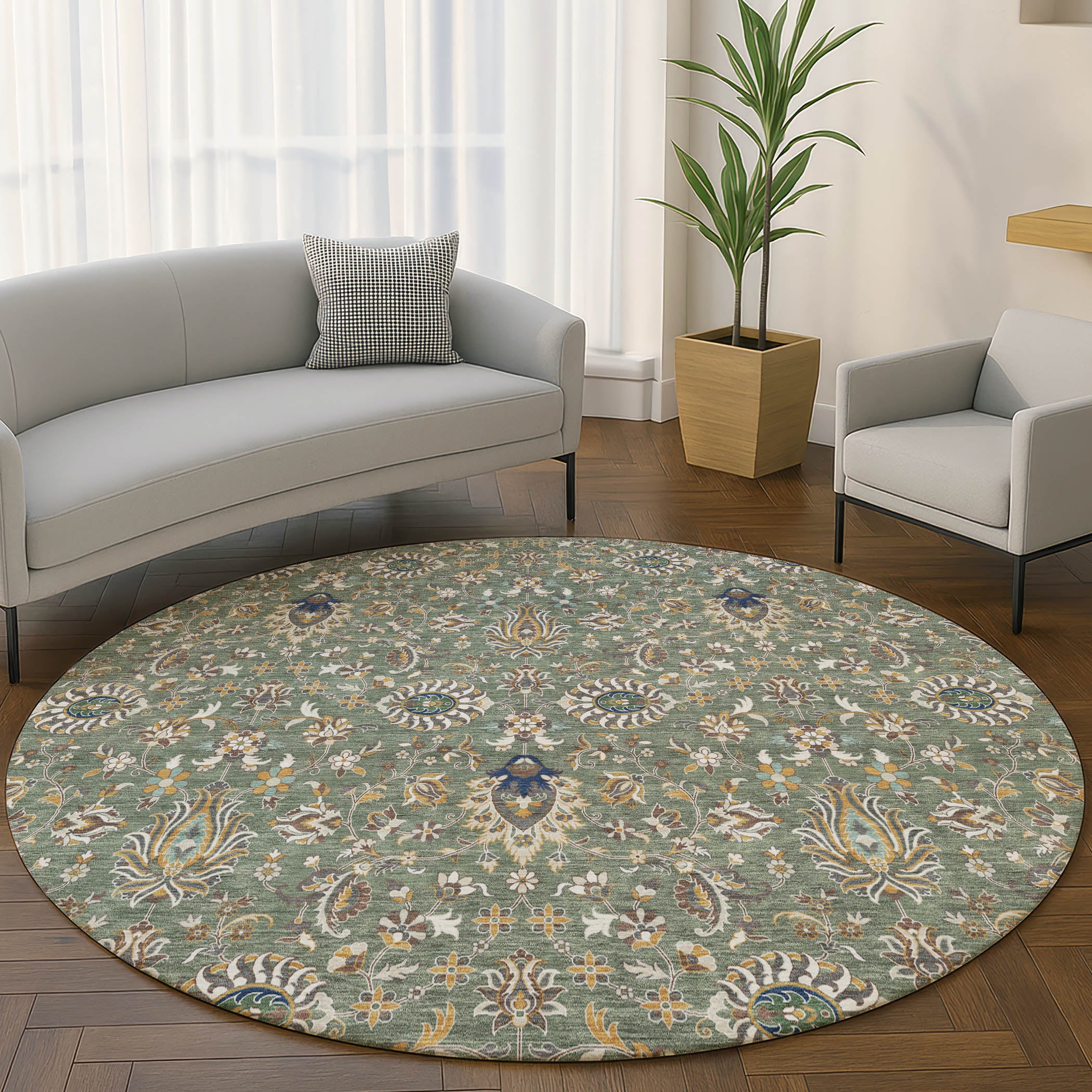 Hoi An Machine Washable Traditional Green Rug 8' x 8' #shape_Round