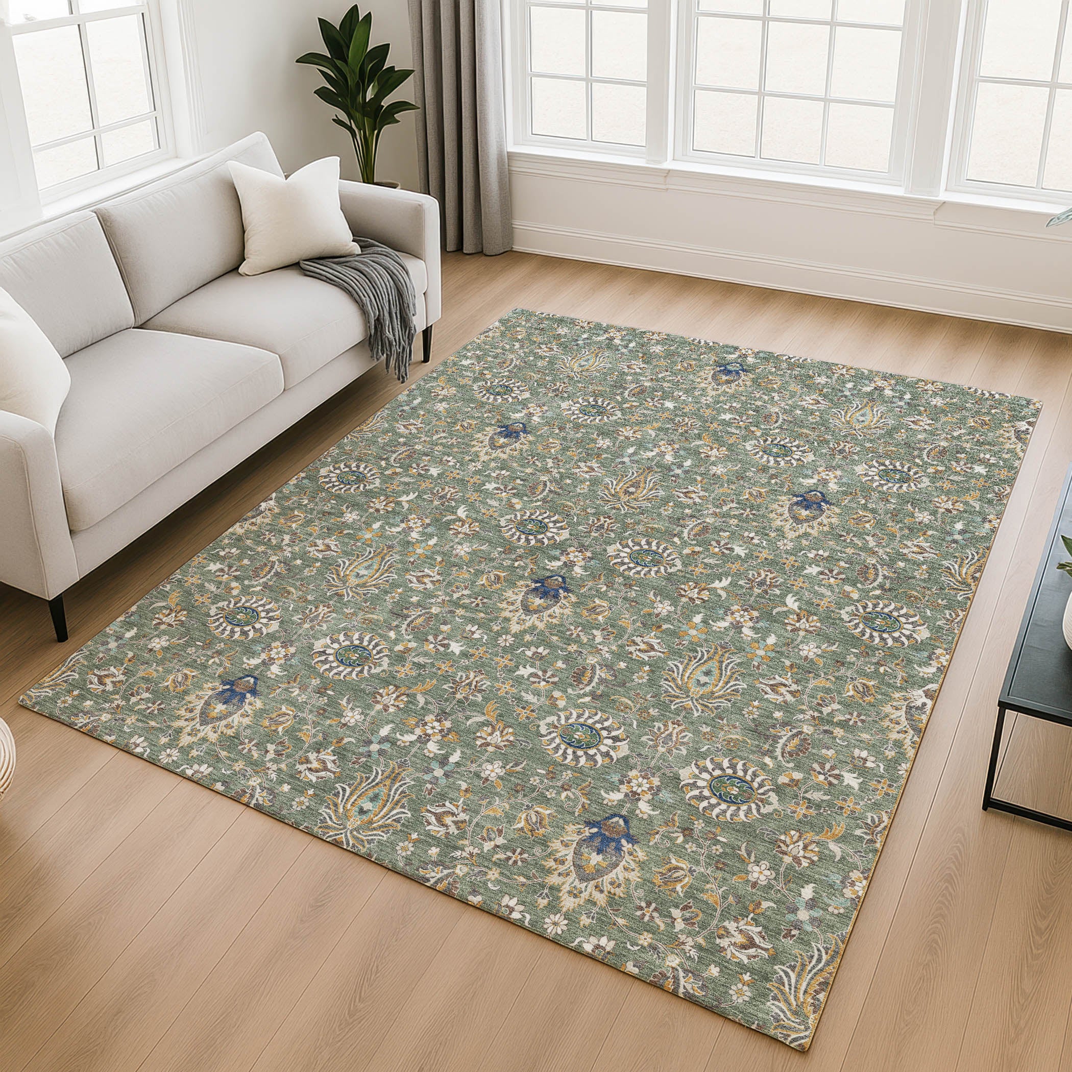 Hoi An Machine Washable Traditional Green Rug 2'6" x 3'10" #shape_Rectangle