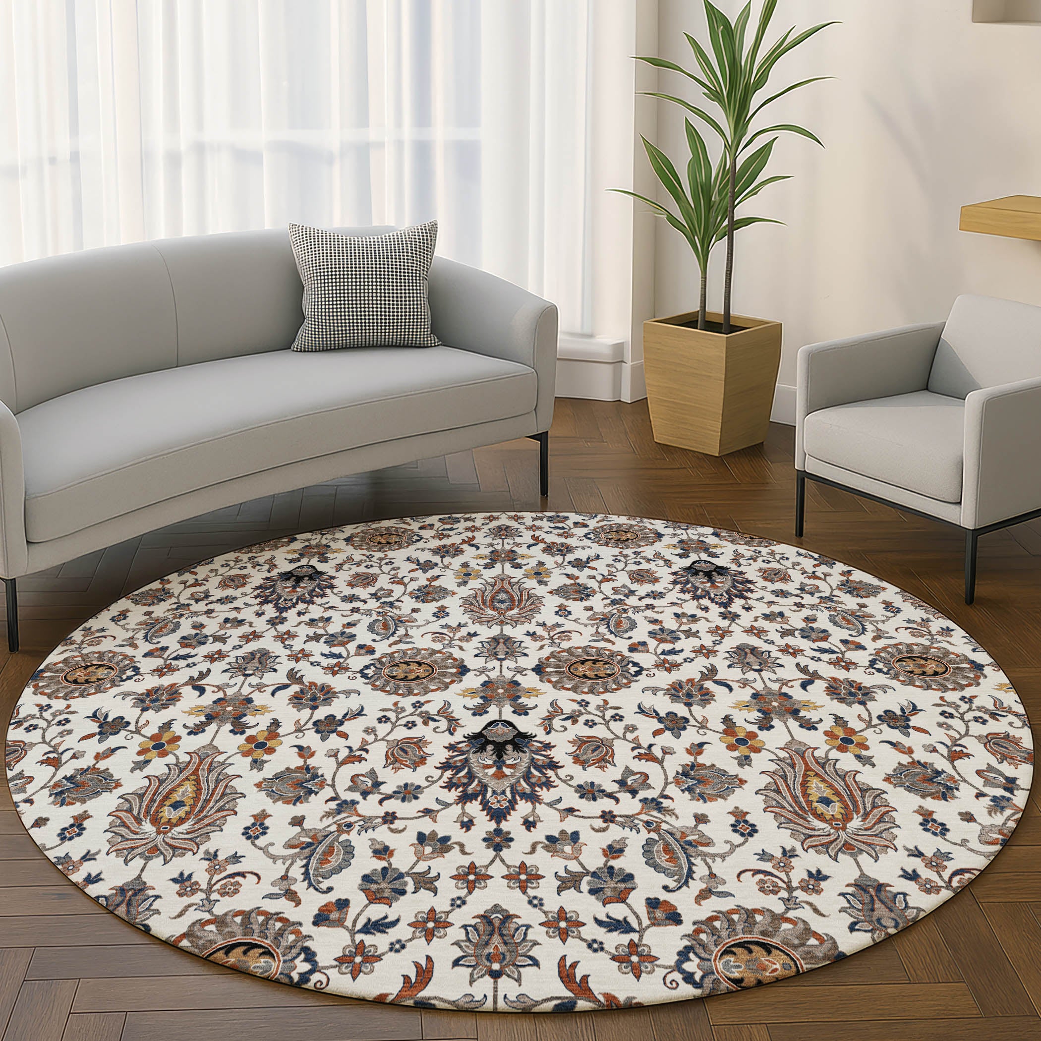 Hoi An Machine Washable Traditional Ivory Rug 8' x 8' #shape_Round