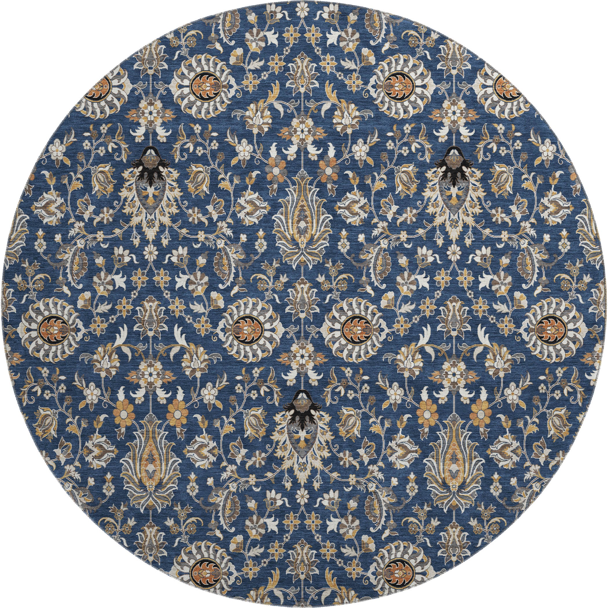 Hoi An Machine Washable Traditional Navy Blue Rug 8' x 8' #shape_Round