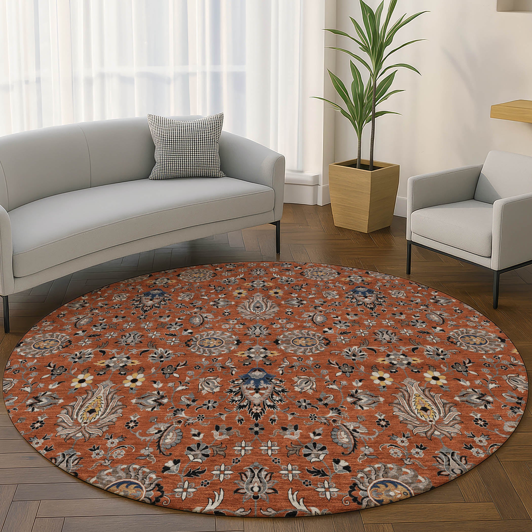 Hoi An Machine Washable Traditional Paprika Orange Rug 8' x 8' #shape_Round