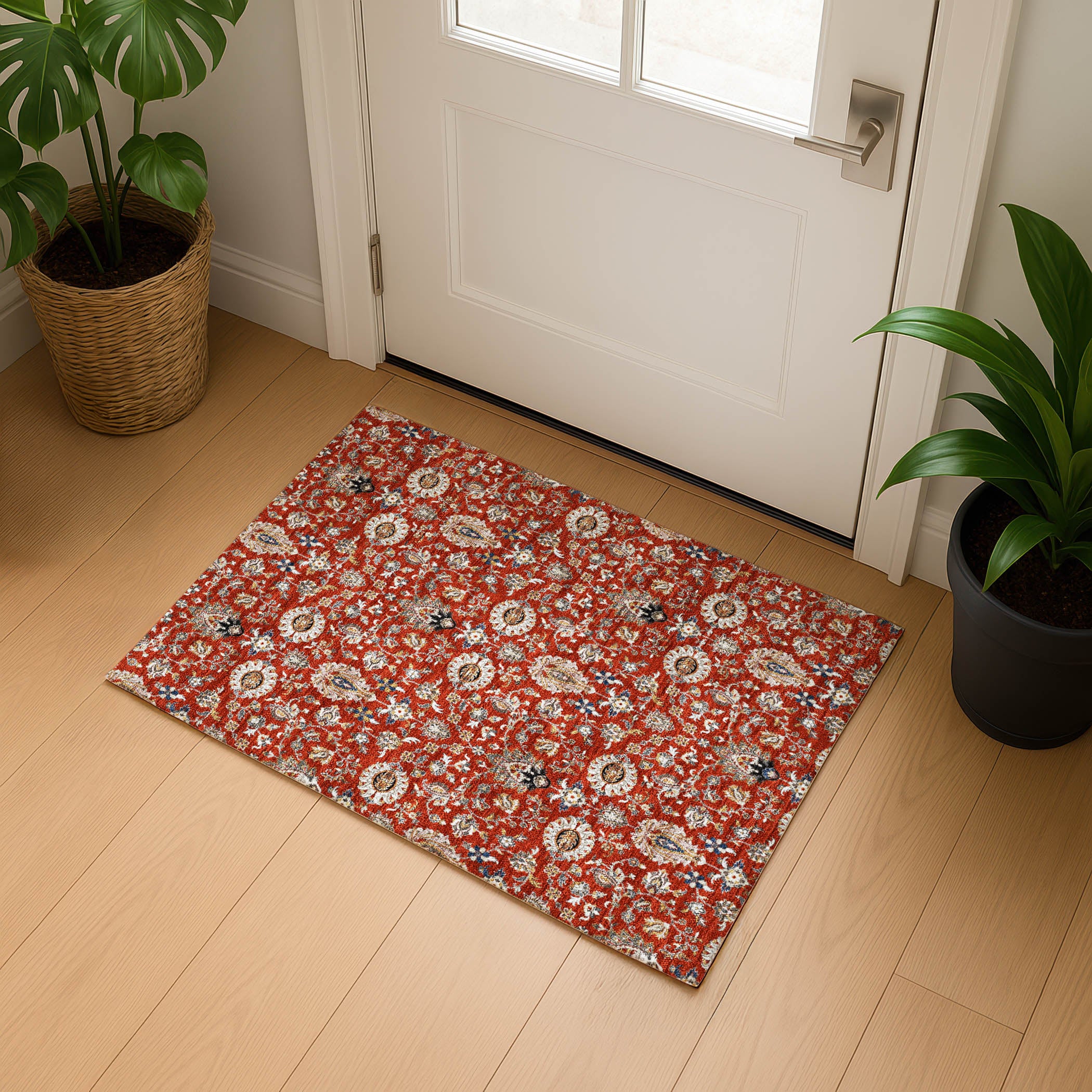 Hoi An Machine Washable Traditional Red Rug 1'8" x 2'6" #shape_Rectangle