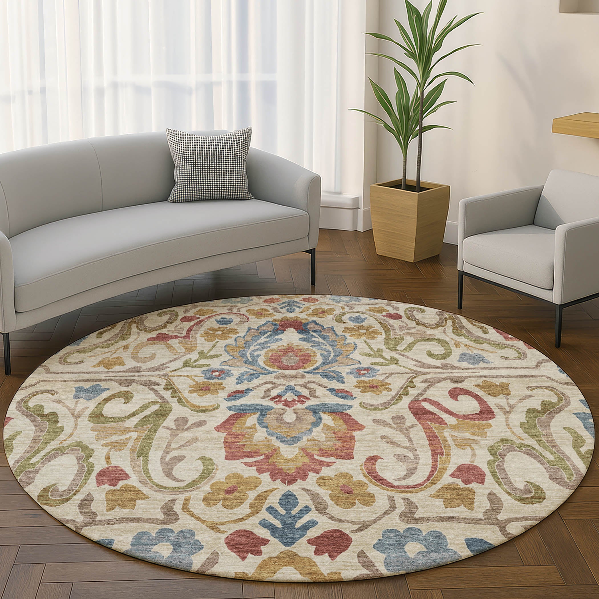 Nairobi Machine Washable Transitional Beige Brown Rug 8' x 8' #shape_Round