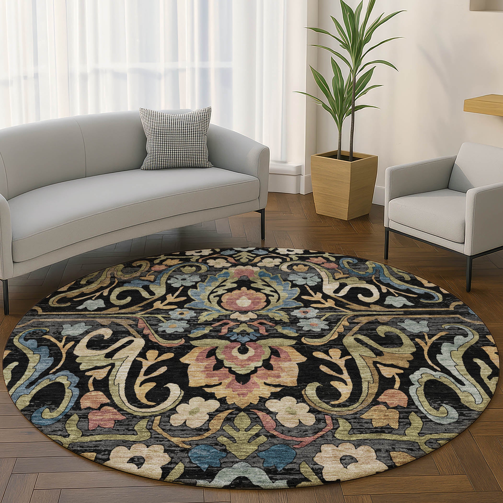 Nairobi Machine Washable Transitional Black Rug 8' x 8' #shape_Round