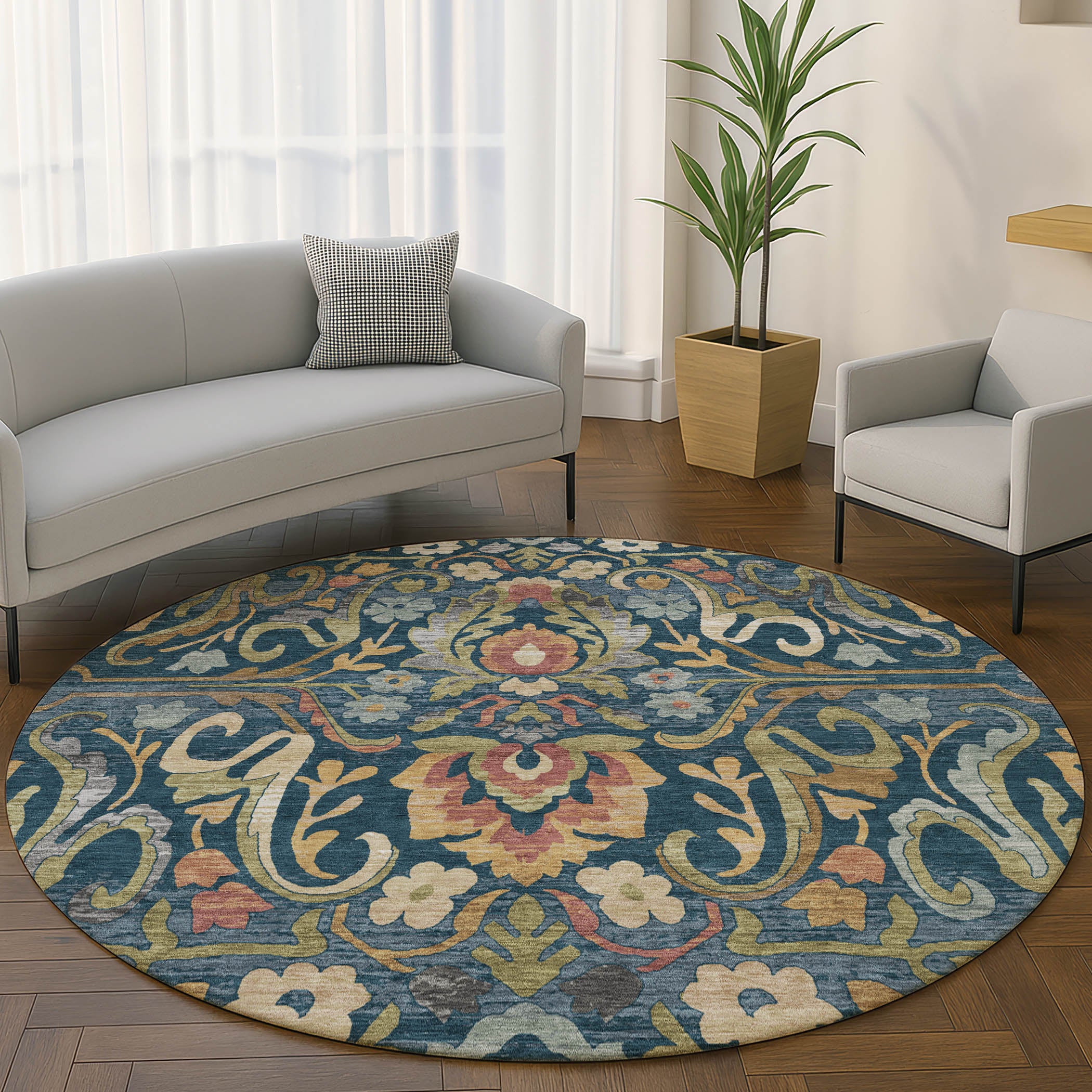 Nairobi Machine Washable Transitional Navy Blue Rug 8' x 8' #shape_Round