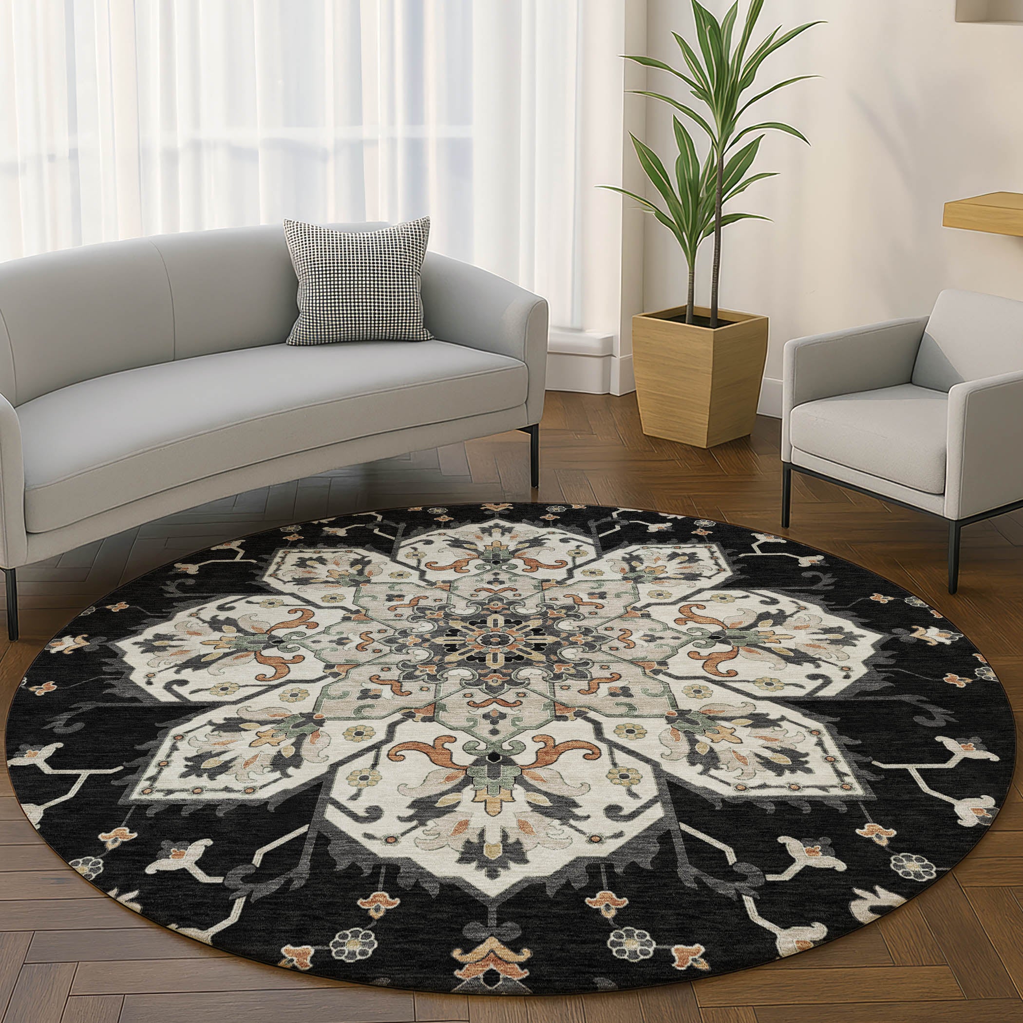 Budapest Machine Washable Traditional Black Rug 8' x 8' #shape_Round