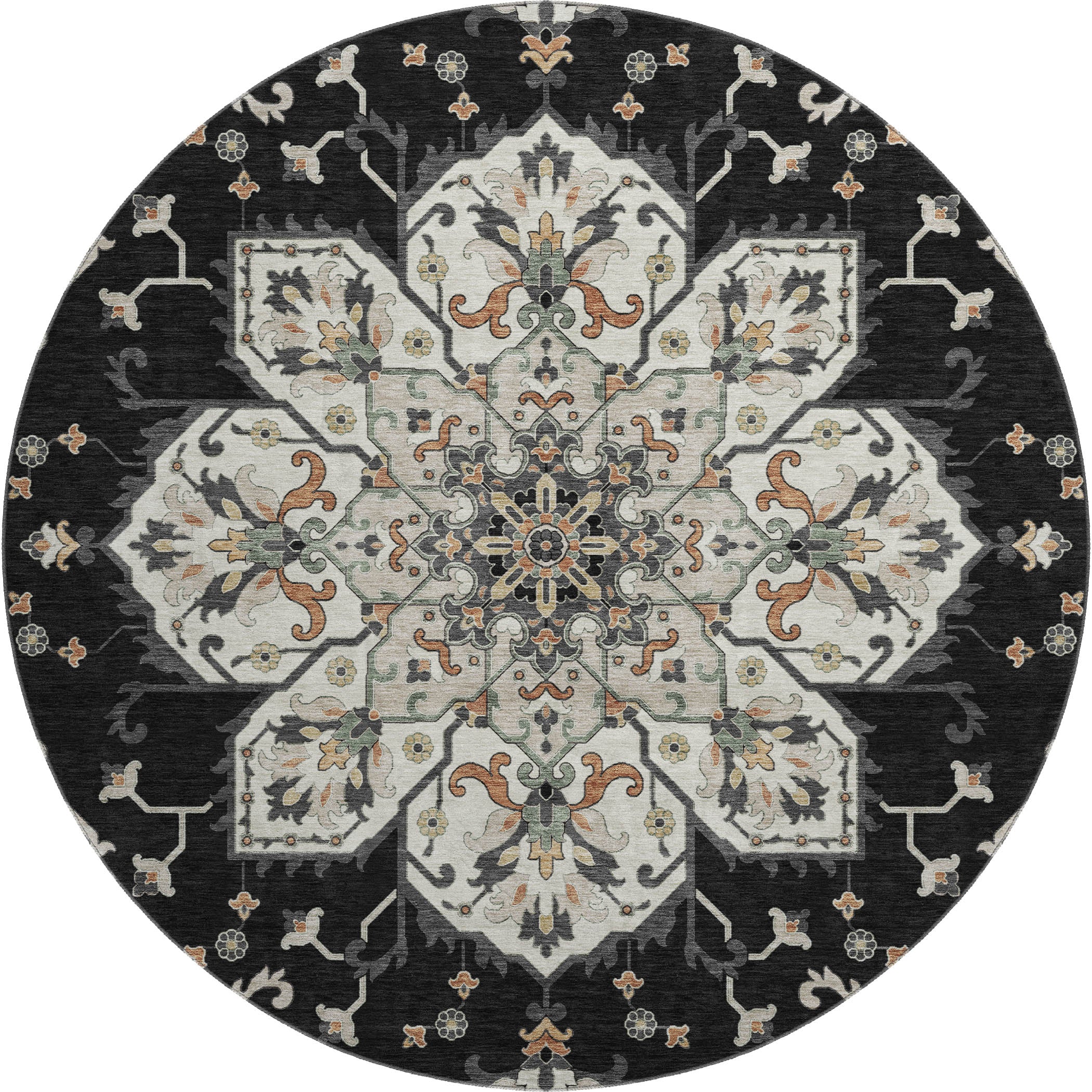 Budapest Machine Washable Traditional Black Rug 8' x 8' #shape_Round