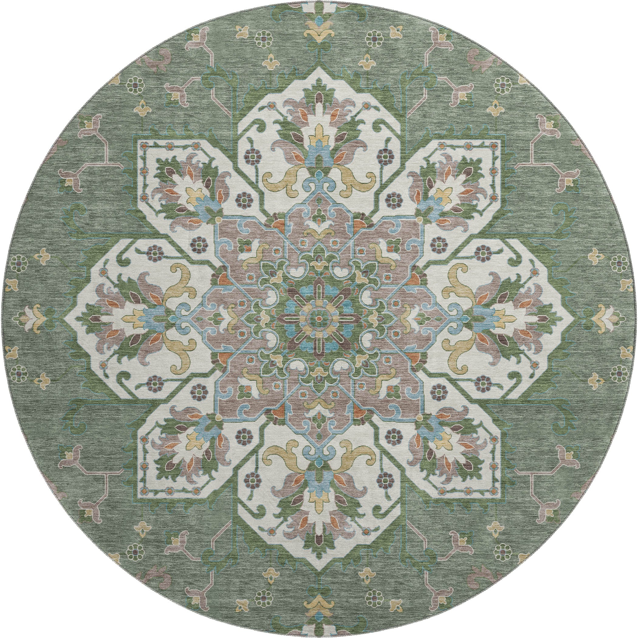 Budapest Machine Washable Traditional Green Rug 8' x 8' #shape_Round