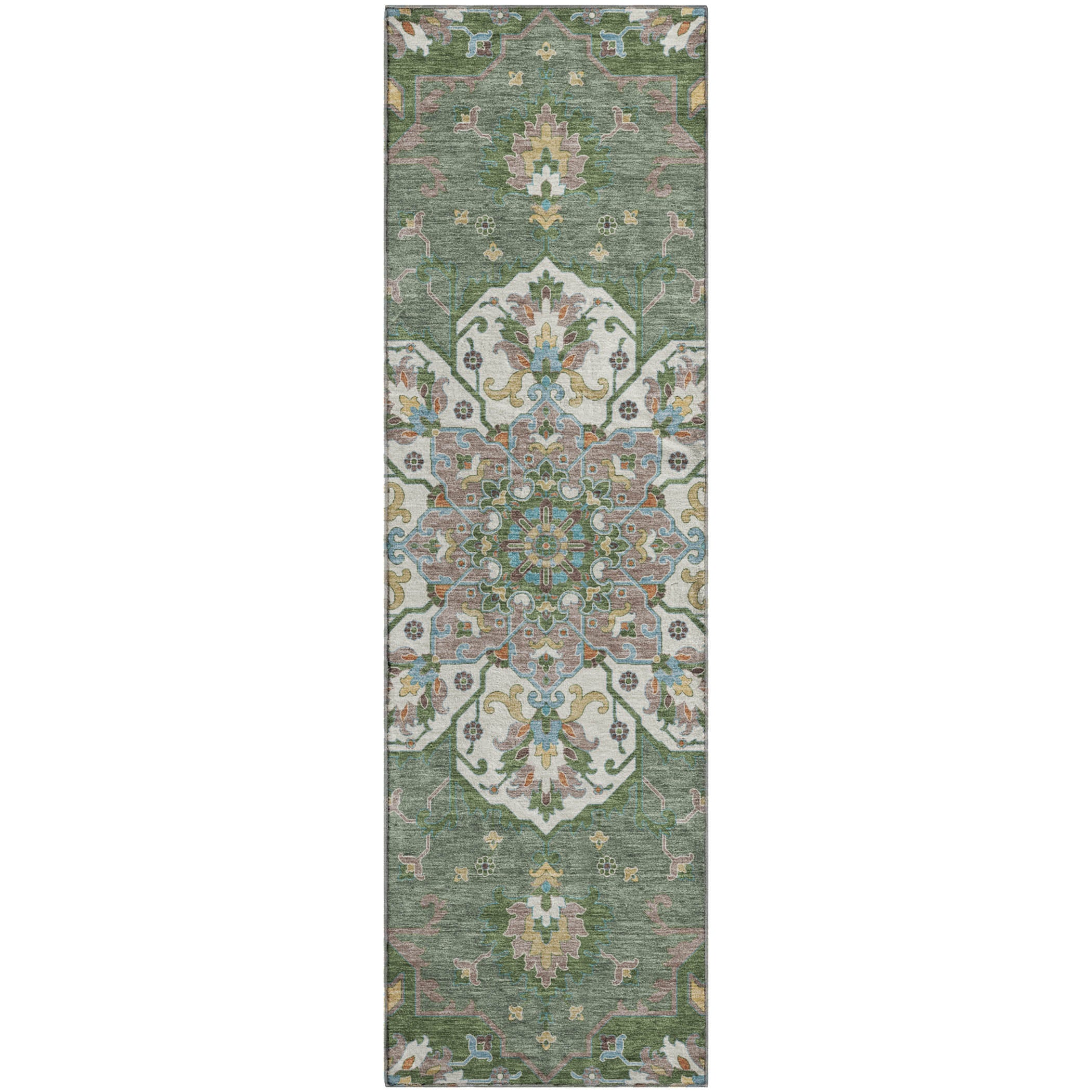 Budapest Machine Washable Traditional Green Rug 2'3" x 7'6" #shape_Runner