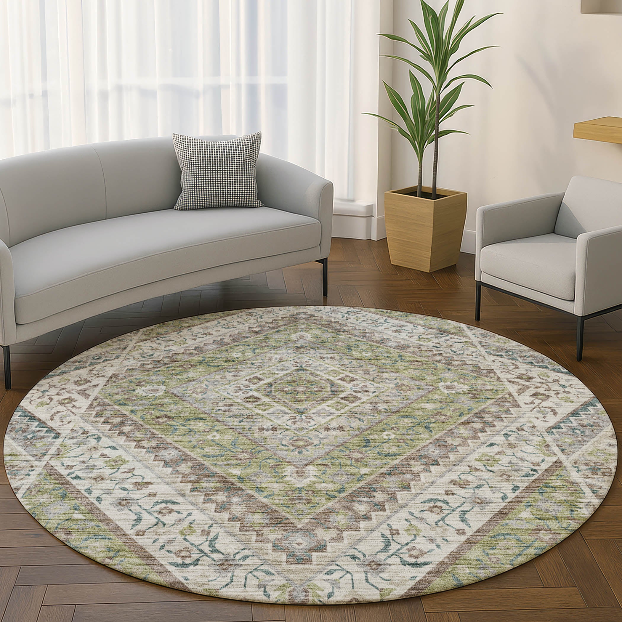 Cusco Machine Washable Transitional Aloe Green Rug 8' x 8' #shape_Round