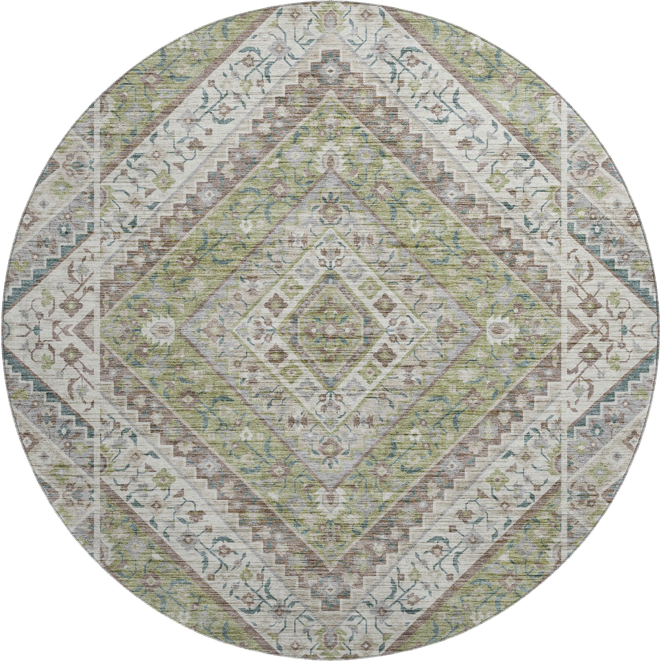 Cusco Machine Washable Transitional Aloe Green Rug 8' x 8' #shape_Round
