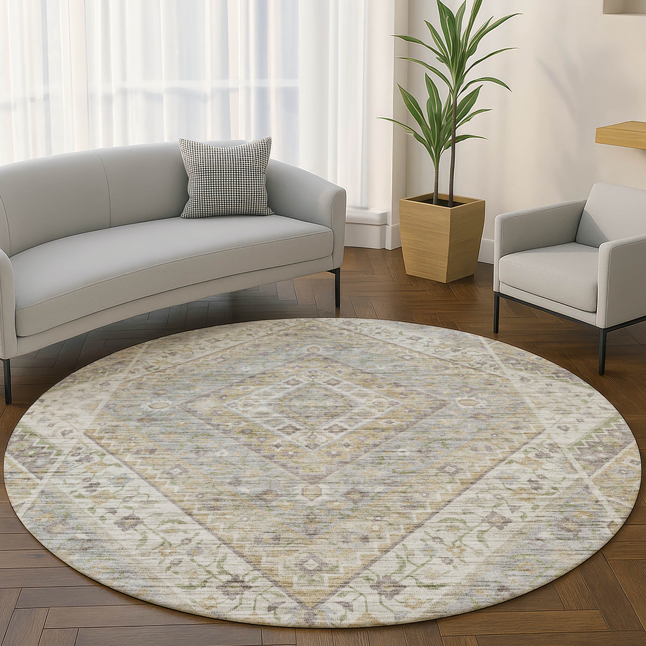 Cusco Machine Washable Transitional Ivory Rug 8' x 8' #shape_Round