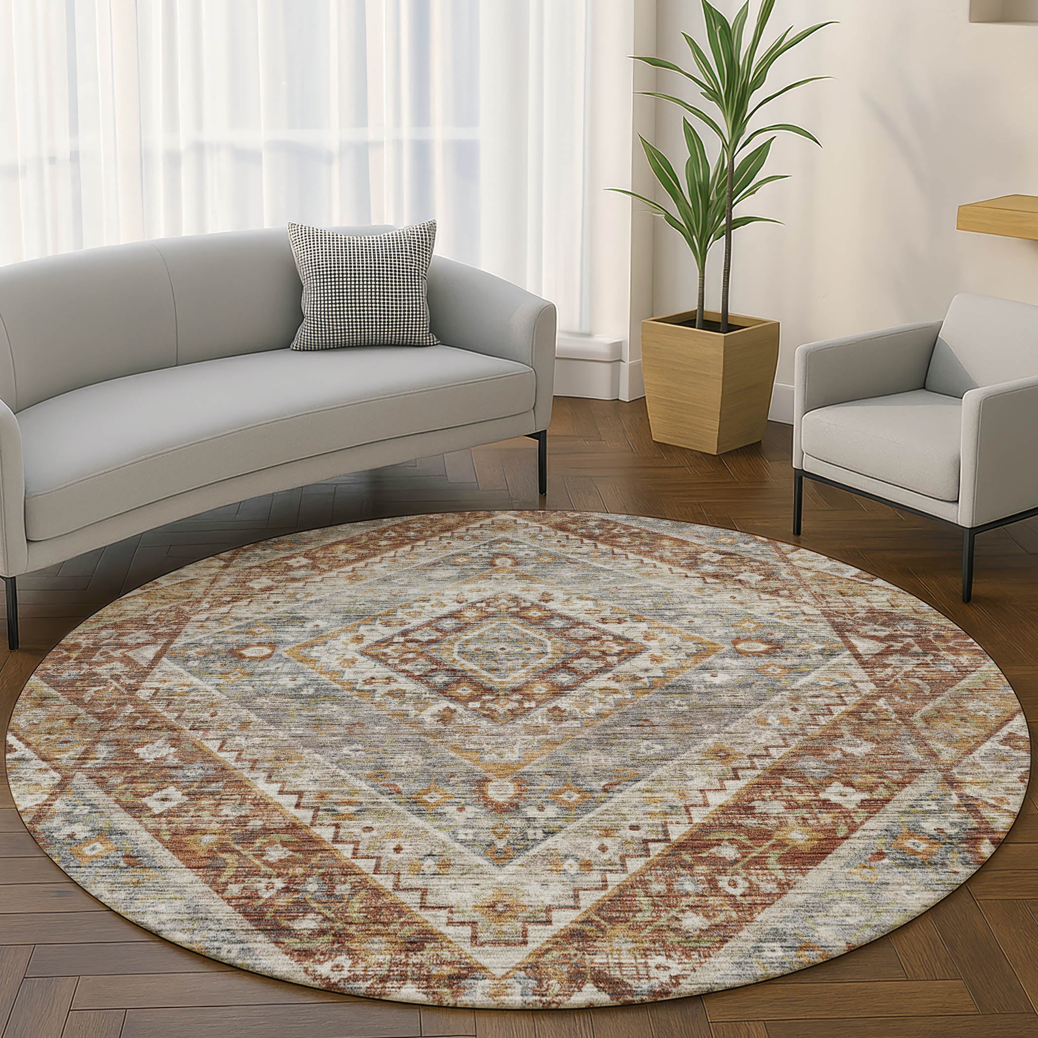 Cusco Machine Washable Transitional Paprika Orange Rug 8' x 8' #shape_Round