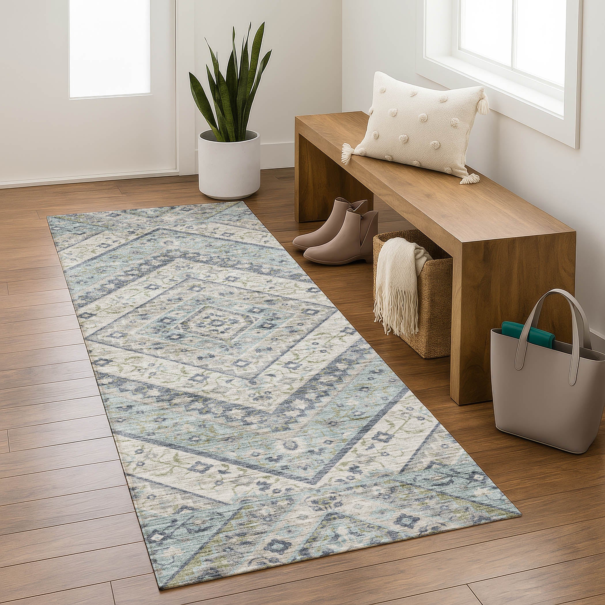 Cusco Machine Washable Transitional Sky Blue Rug 2'3" x 7'6" #shape_Runner