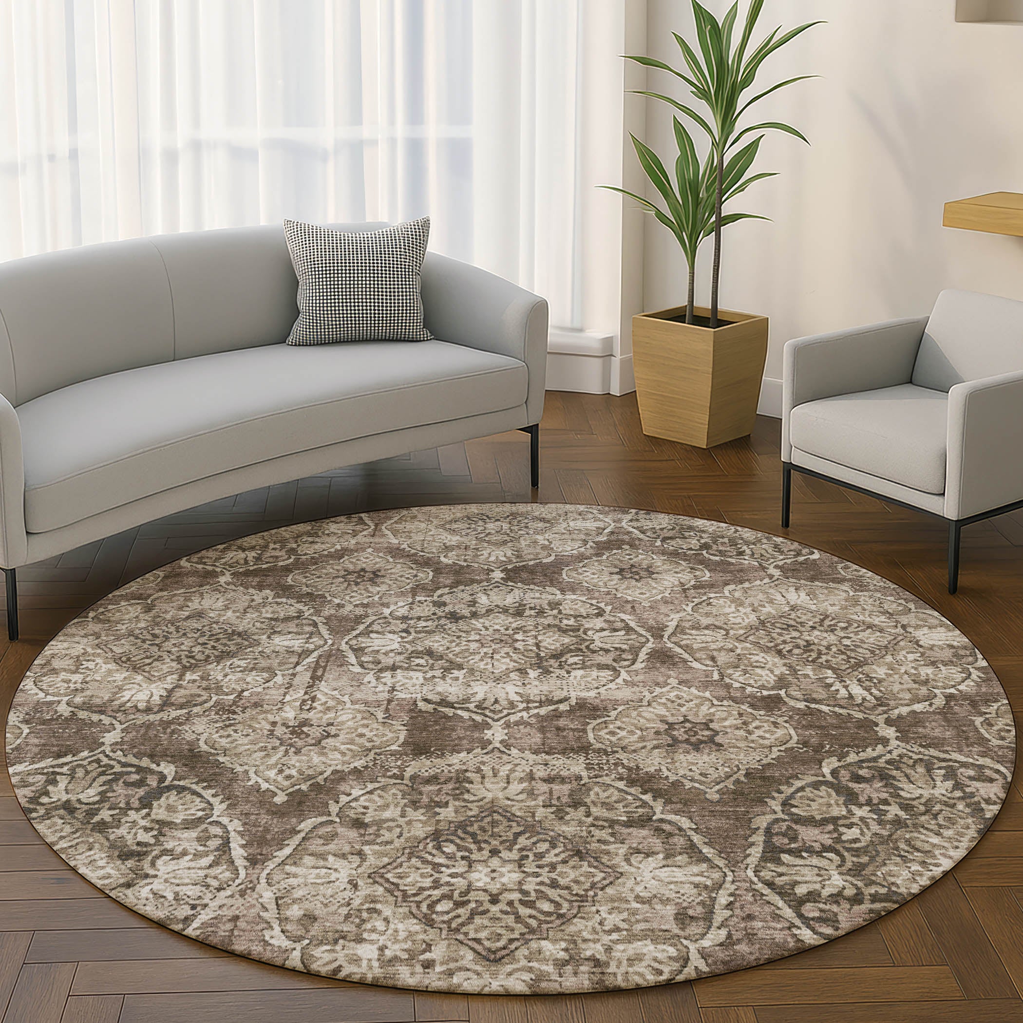 Montevideo Machine Washable Transitional Chocolate Brown Rug 8' x 8' #shape_Round