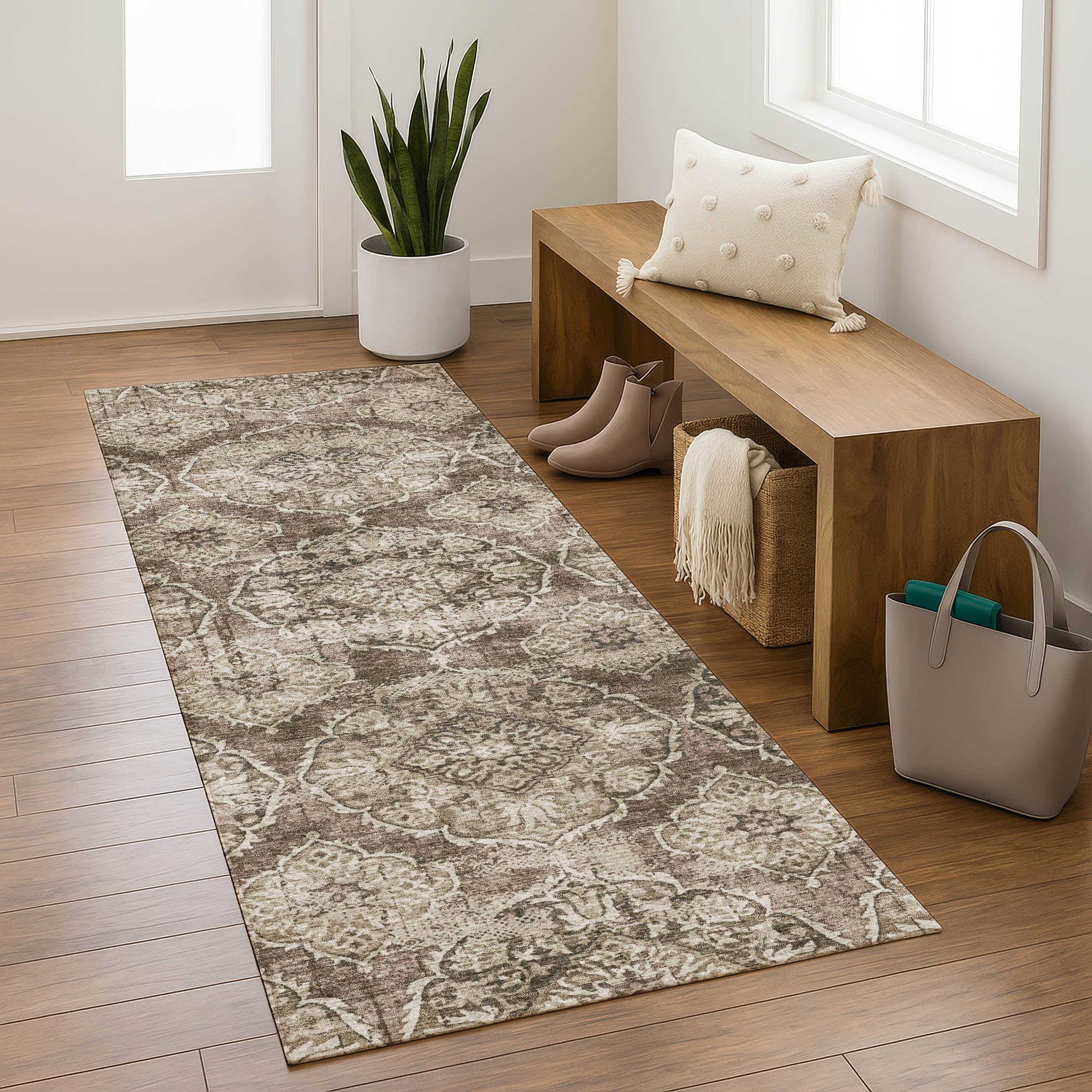Montevideo Machine Washable Transitional Chocolate Brown Rug 2'3" x 7'6" #shape_Runner
