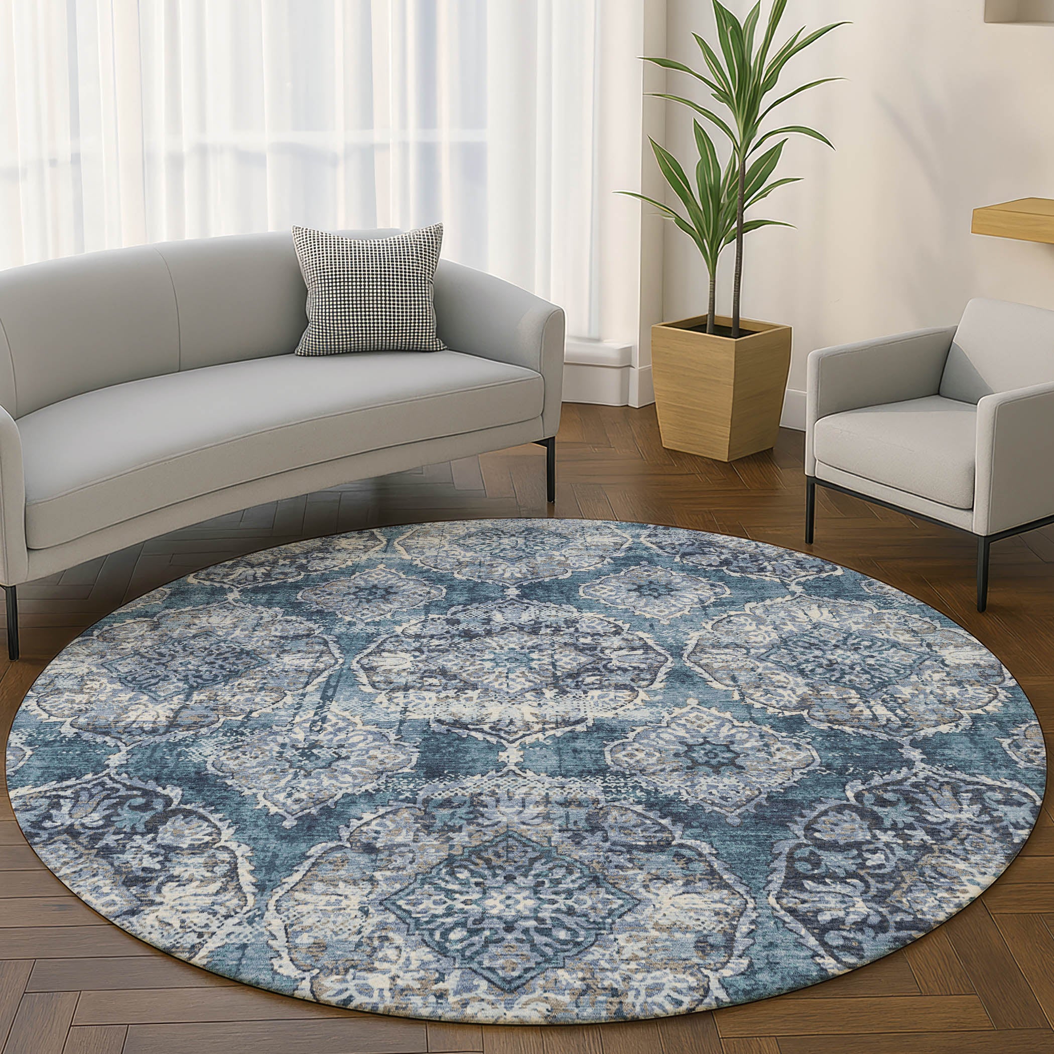 Montevideo Machine Washable Transitional Denim Blue Rug 8' x 8' #shape_Round