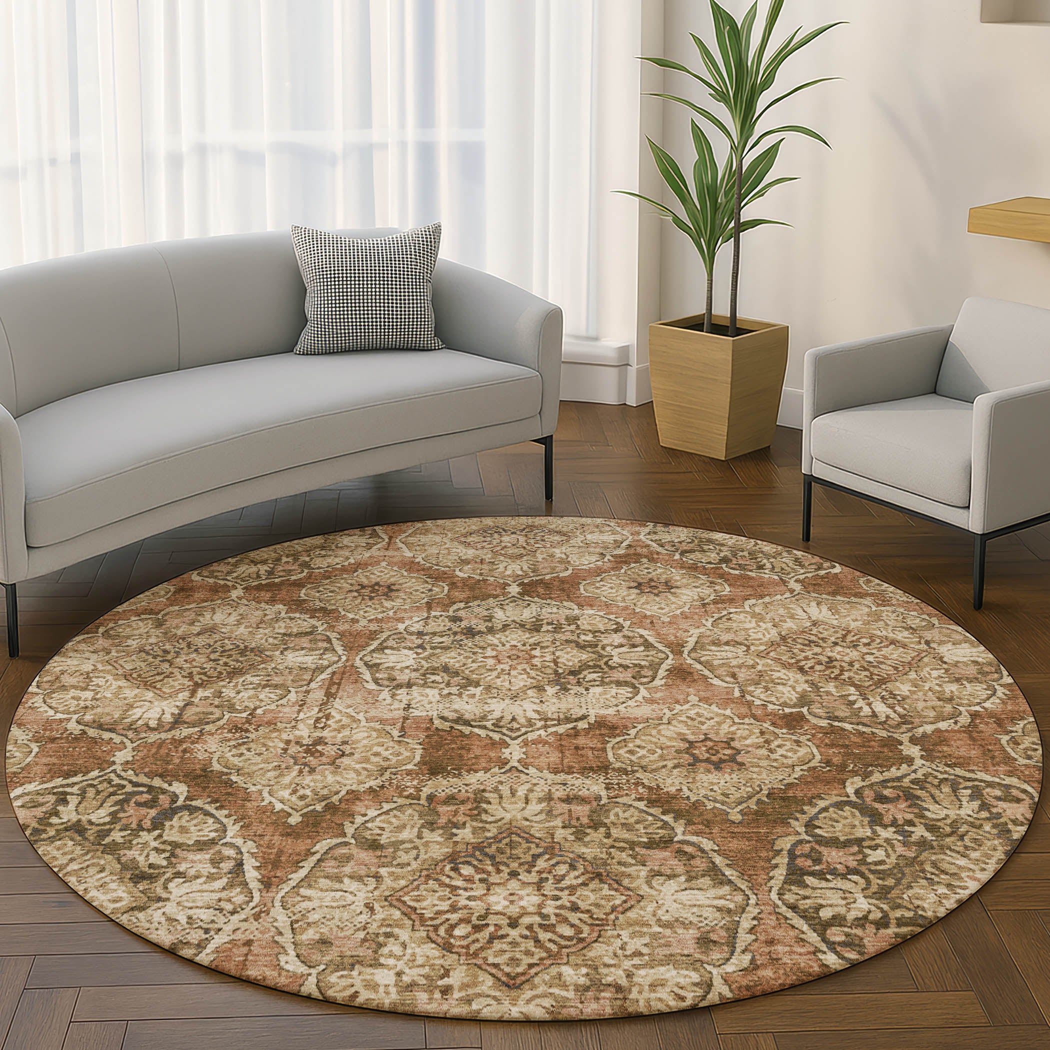 Montevideo Machine Washable Transitional Paprika Orange Rug 8' x 8' #shape_Round