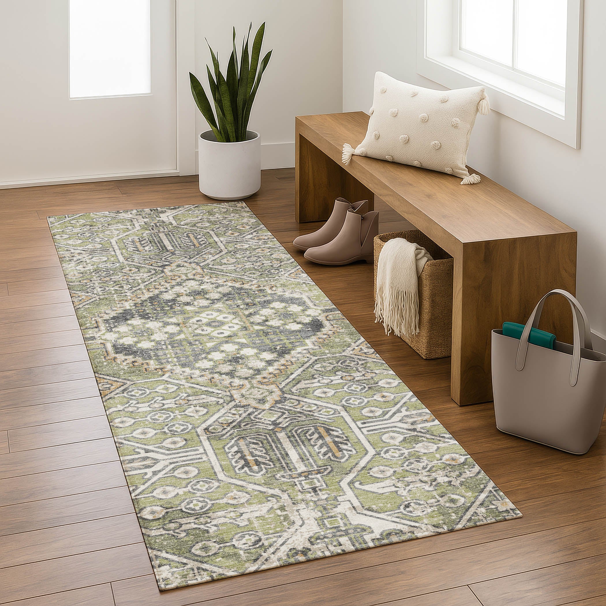 Luang Prabang Machine Washable Traditional Aloe Green Rug 2'3" x 7'6" #shape_Runner