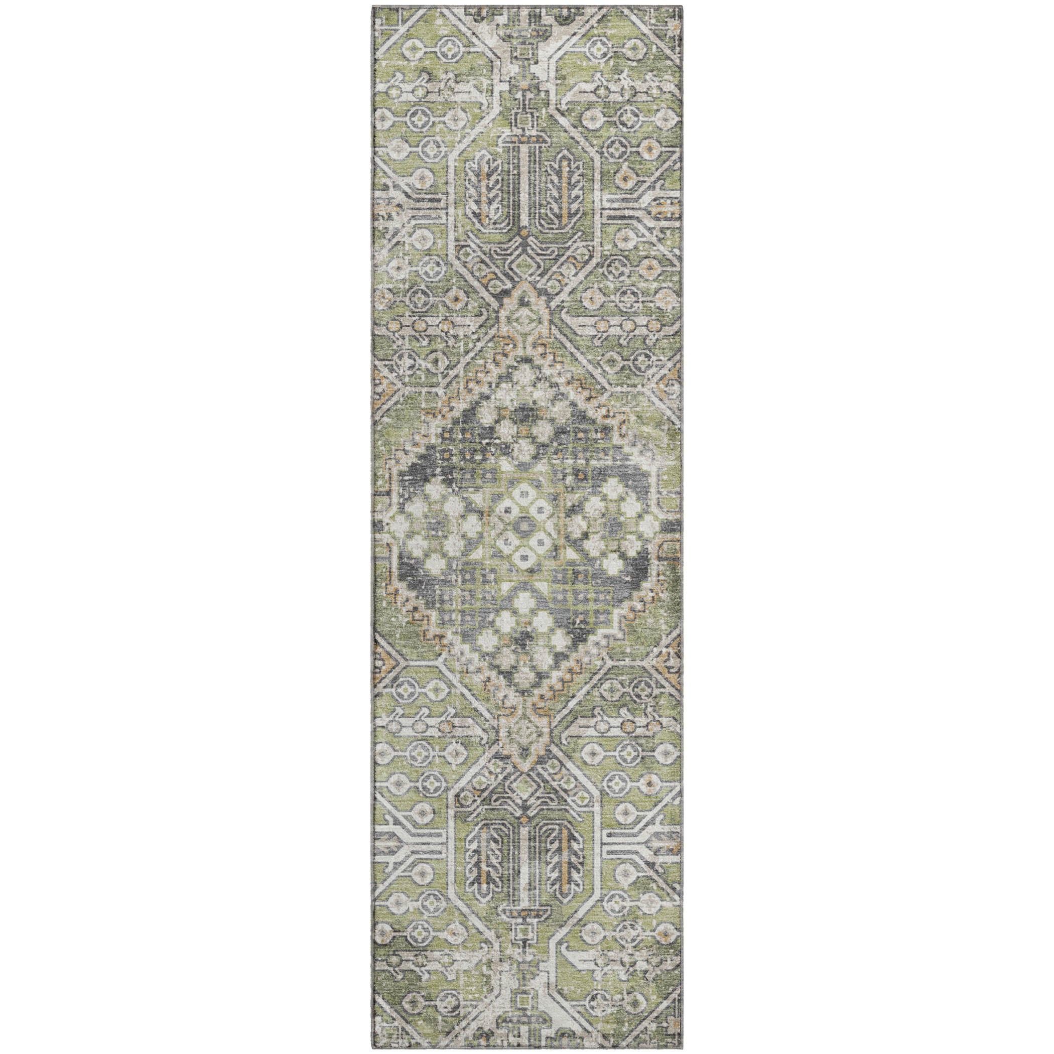 Luang Prabang Machine Washable Traditional Aloe Green Rug 2'3" x 7'6" #shape_Runner