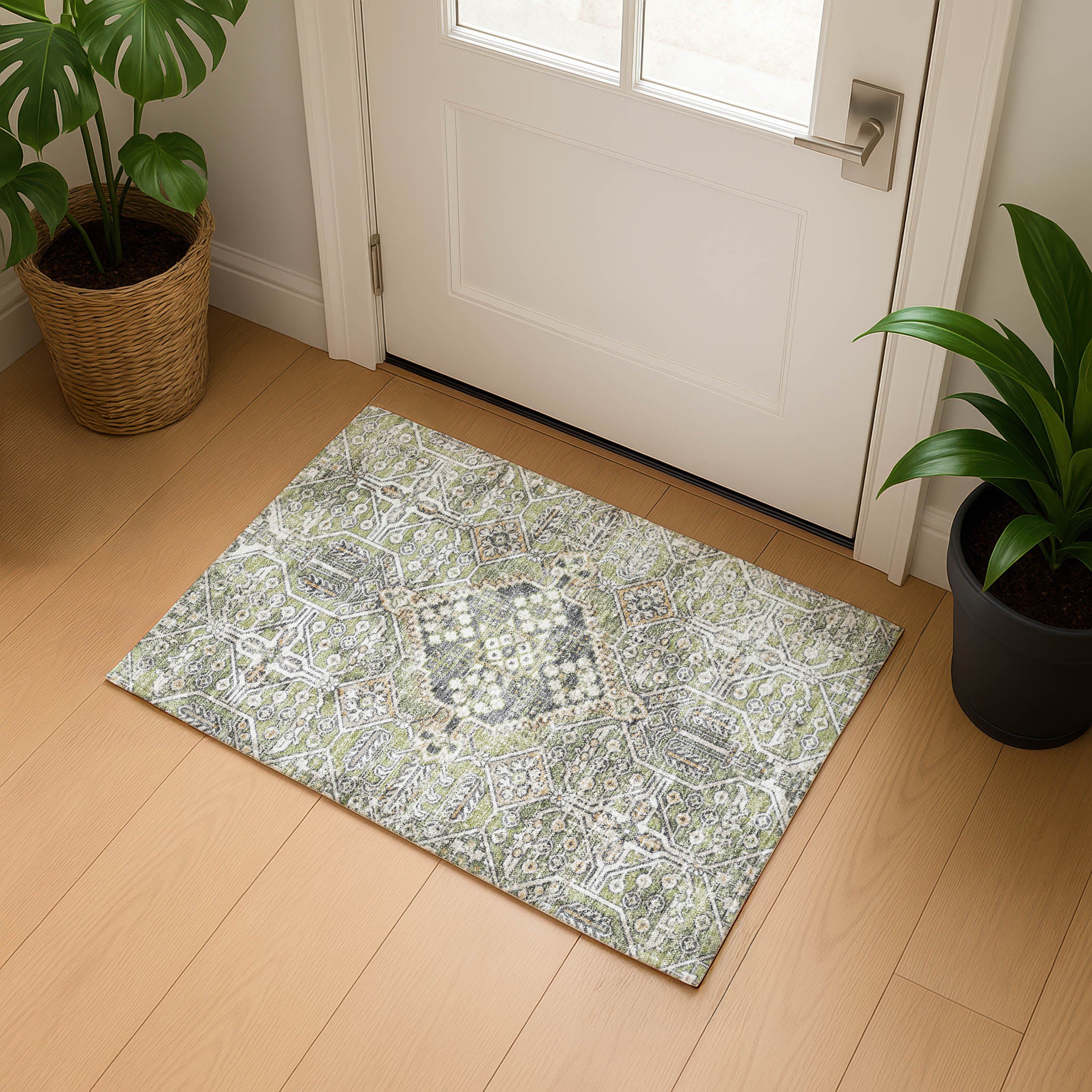 Luang Prabang Machine Washable Traditional Aloe Green Rug 1'8" x 2'6" #shape_Rectangle