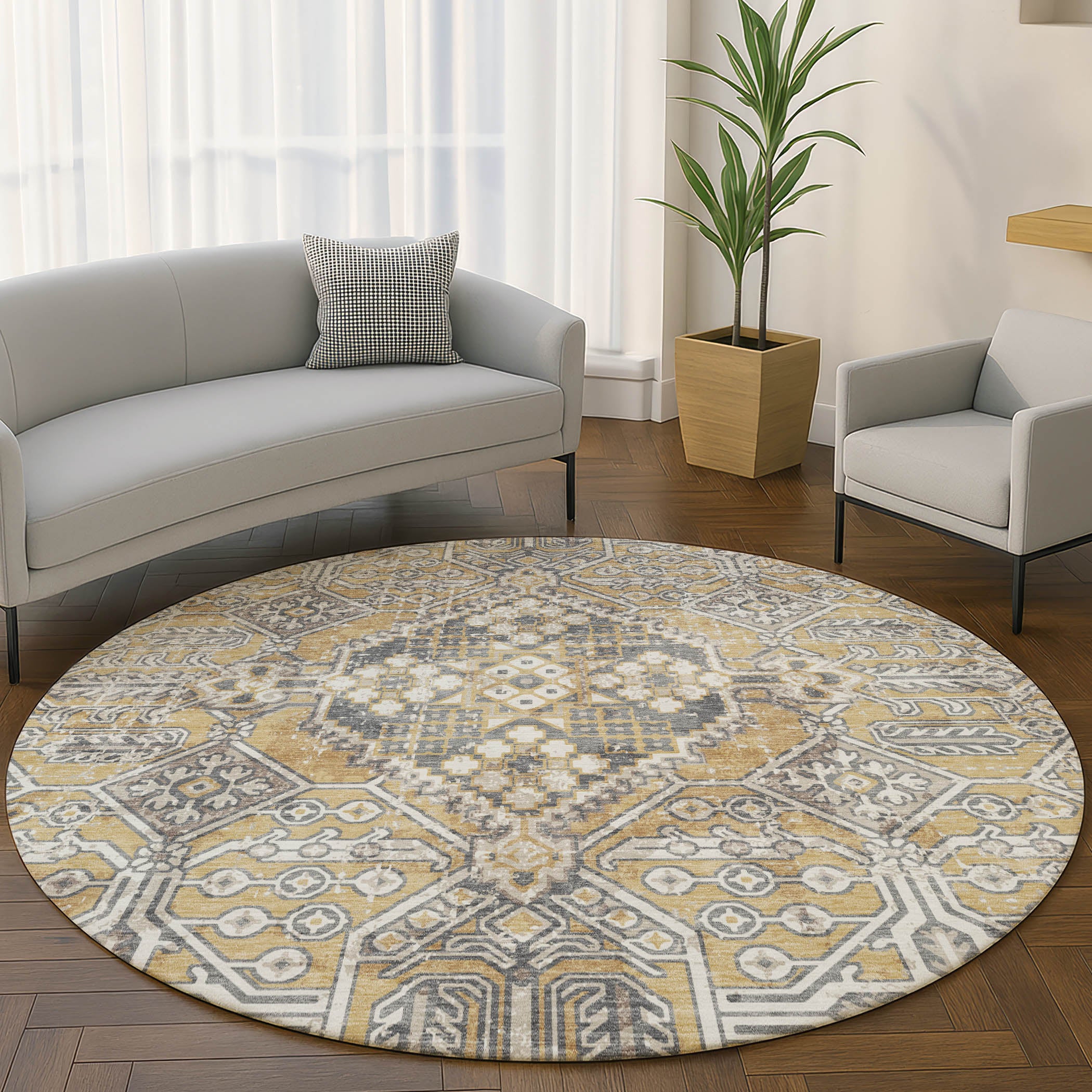 Luang Prabang Machine Washable Traditional Gold Rug 8' x 8' #shape_Round