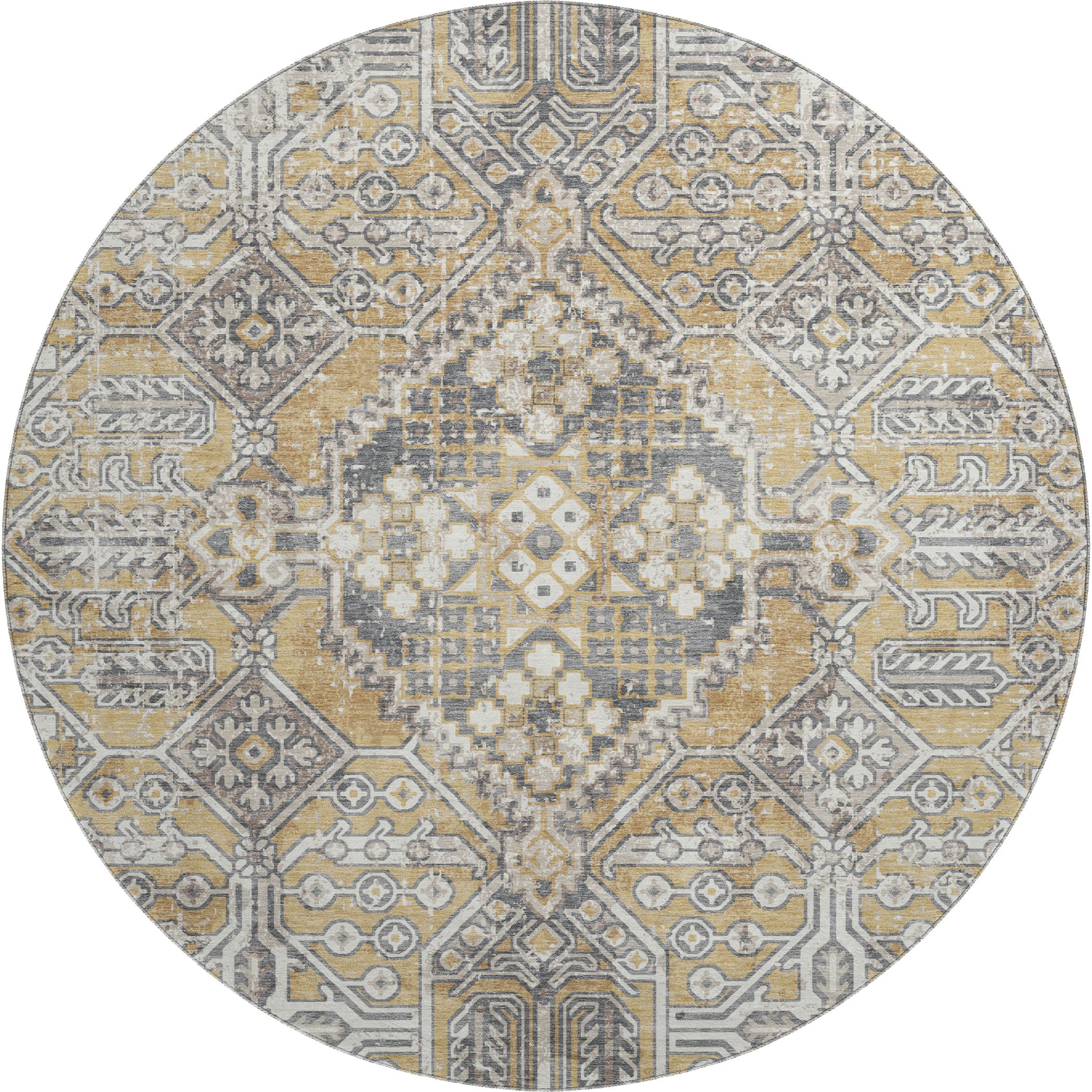Luang Prabang Machine Washable Traditional Gold Rug 8' x 8' #shape_Round
