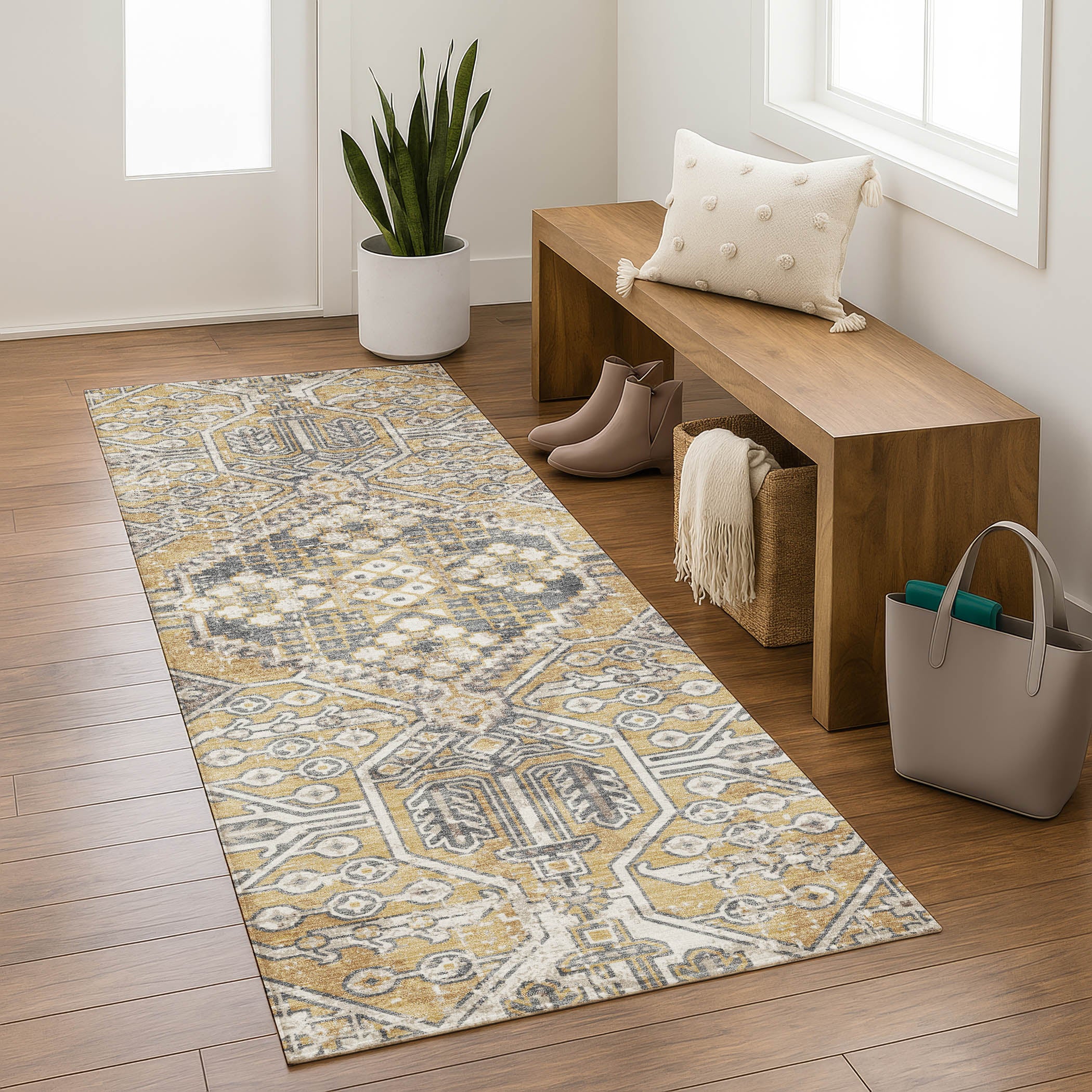 Luang Prabang Machine Washable Traditional Gold Rug 2'3" x 7'6" #shape_Runner