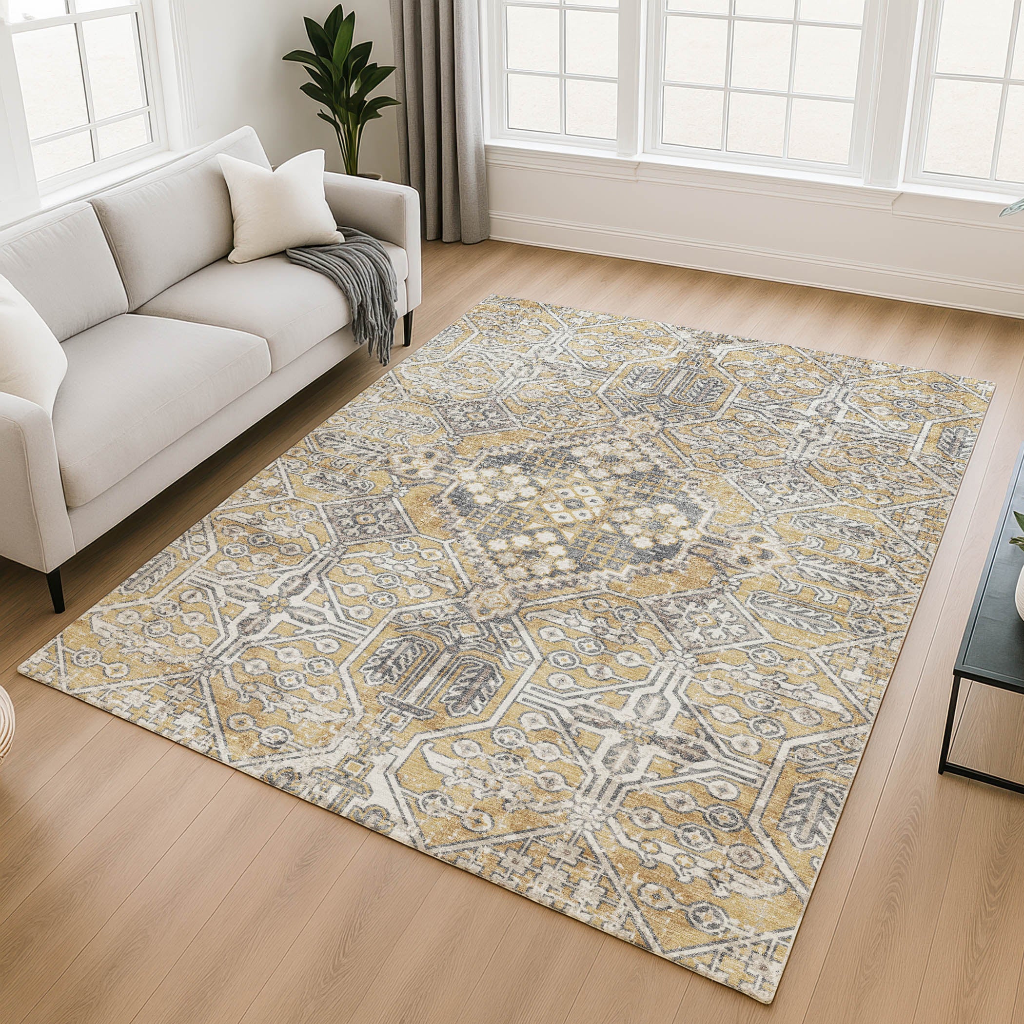 Luang Prabang Machine Washable Traditional Gold Rug 2'6" x 3'10" #shape_Rectangle