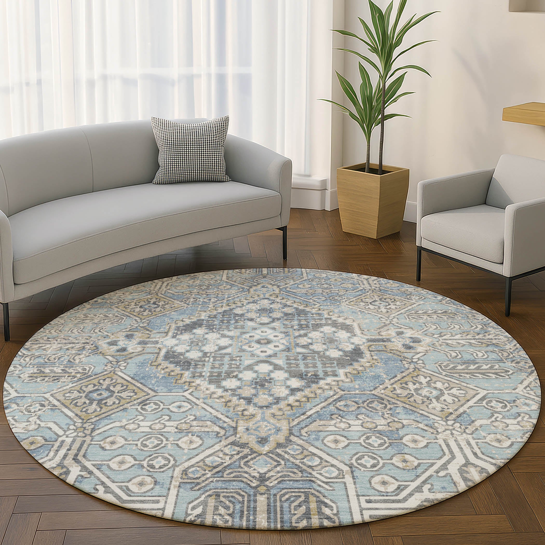 Luang Prabang Machine Washable Traditional Sky Blue Rug 8' x 8' #shape_Round
