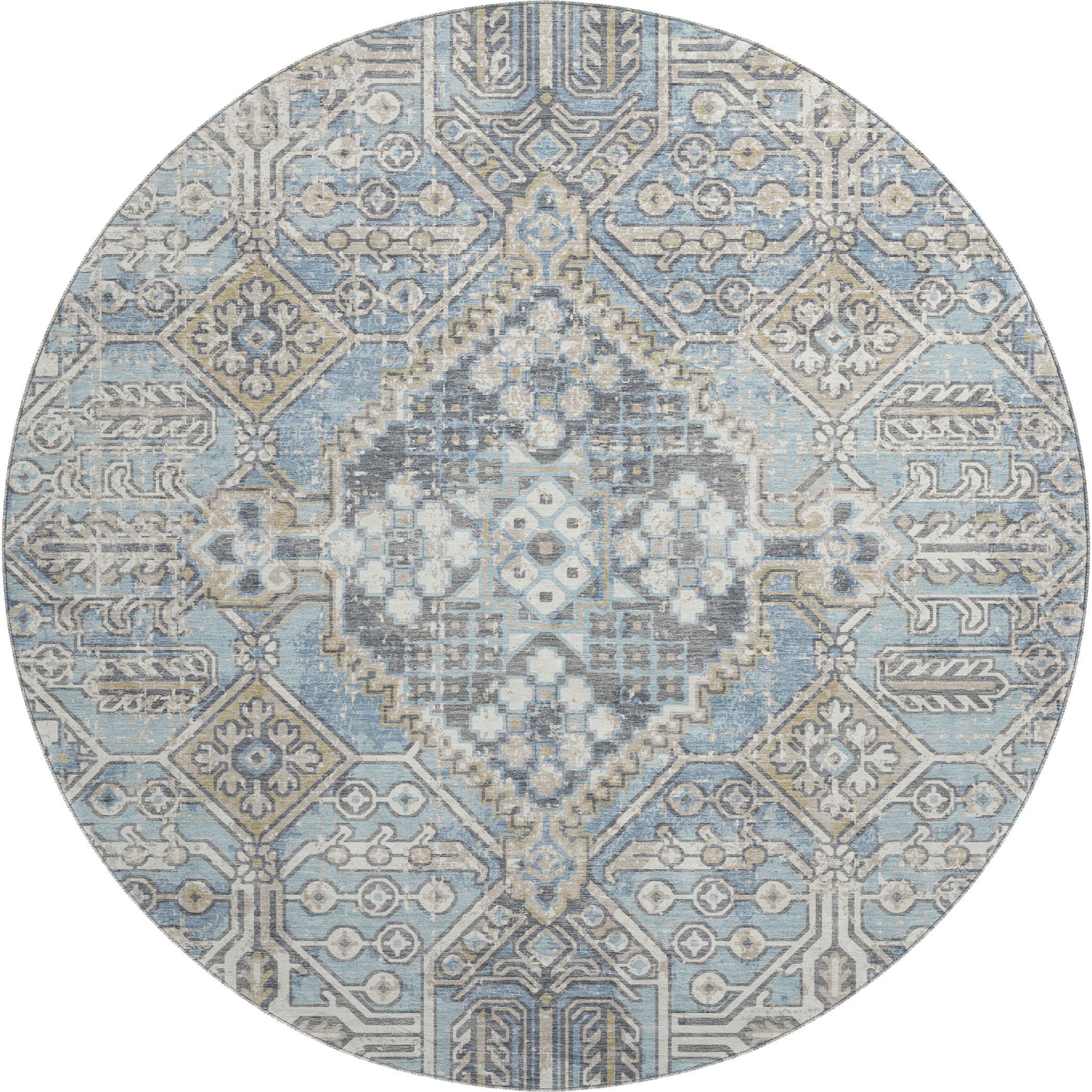 Luang Prabang Machine Washable Traditional Sky Blue Rug 8' x 8' #shape_Round