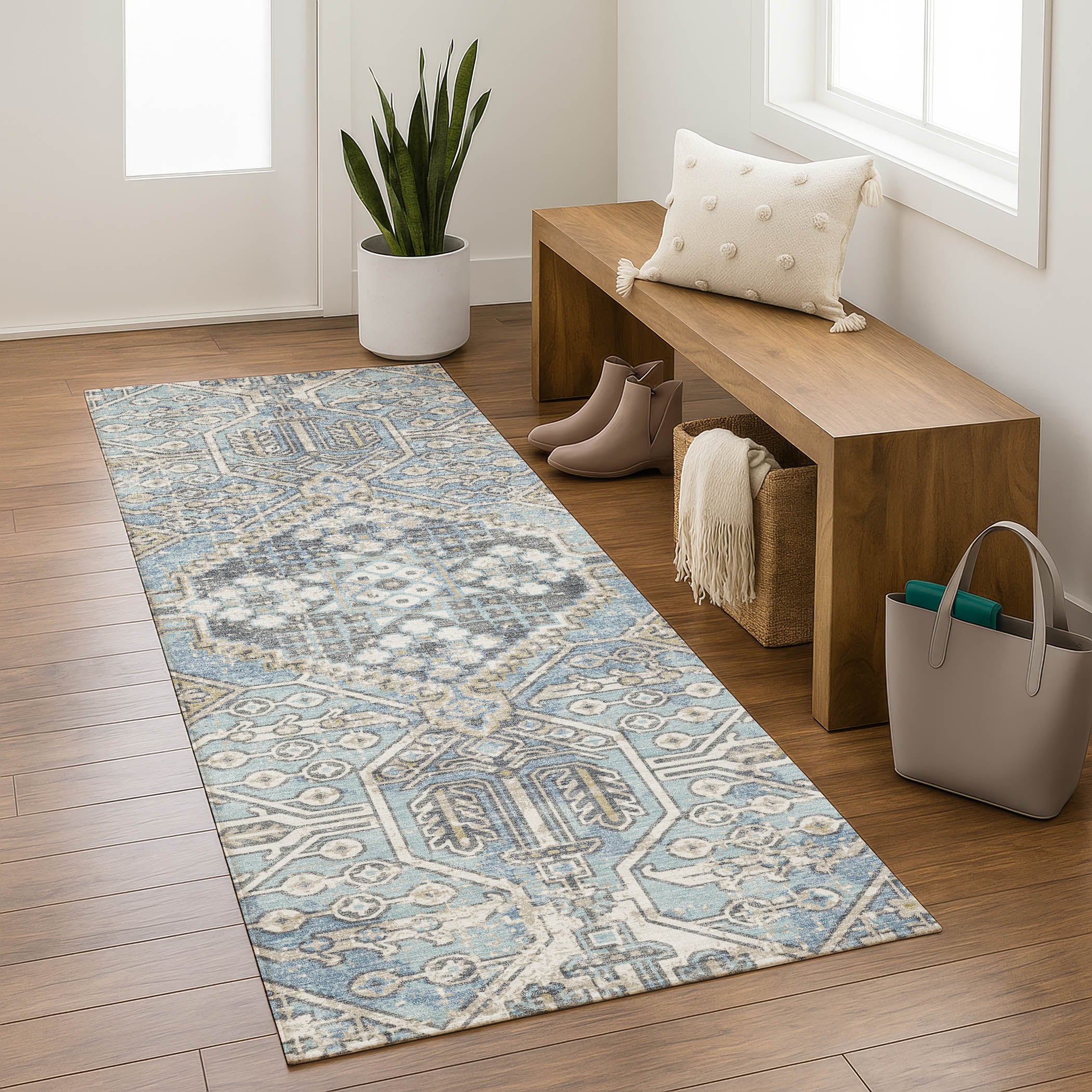 Luang Prabang Machine Washable Traditional Sky Blue Rug 2'3" x 7'6" #shape_Runner