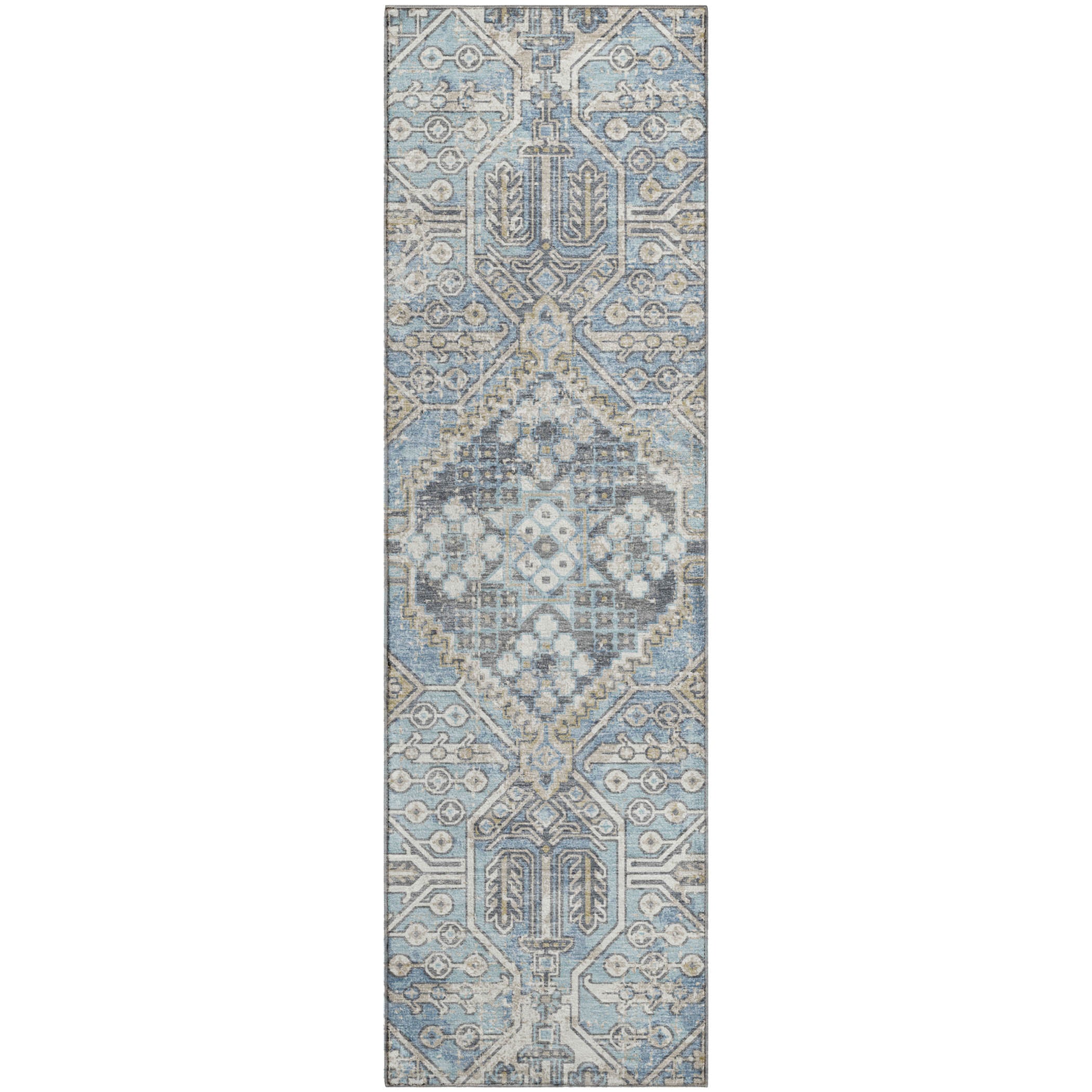 Luang Prabang Machine Washable Traditional Sky Blue Rug 2'3" x 7'6" #shape_Runner