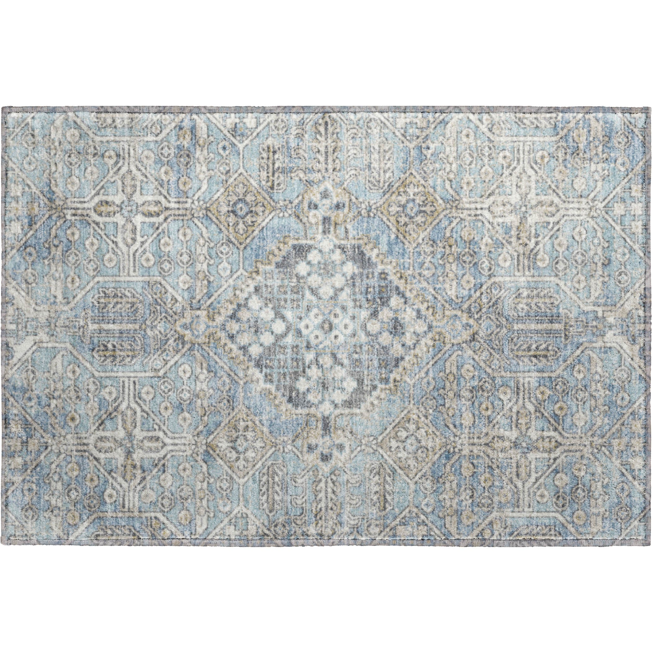 Luang Prabang Machine Washable Traditional Sky Blue Rug 1'8" x 2'6" #shape_Rectangle