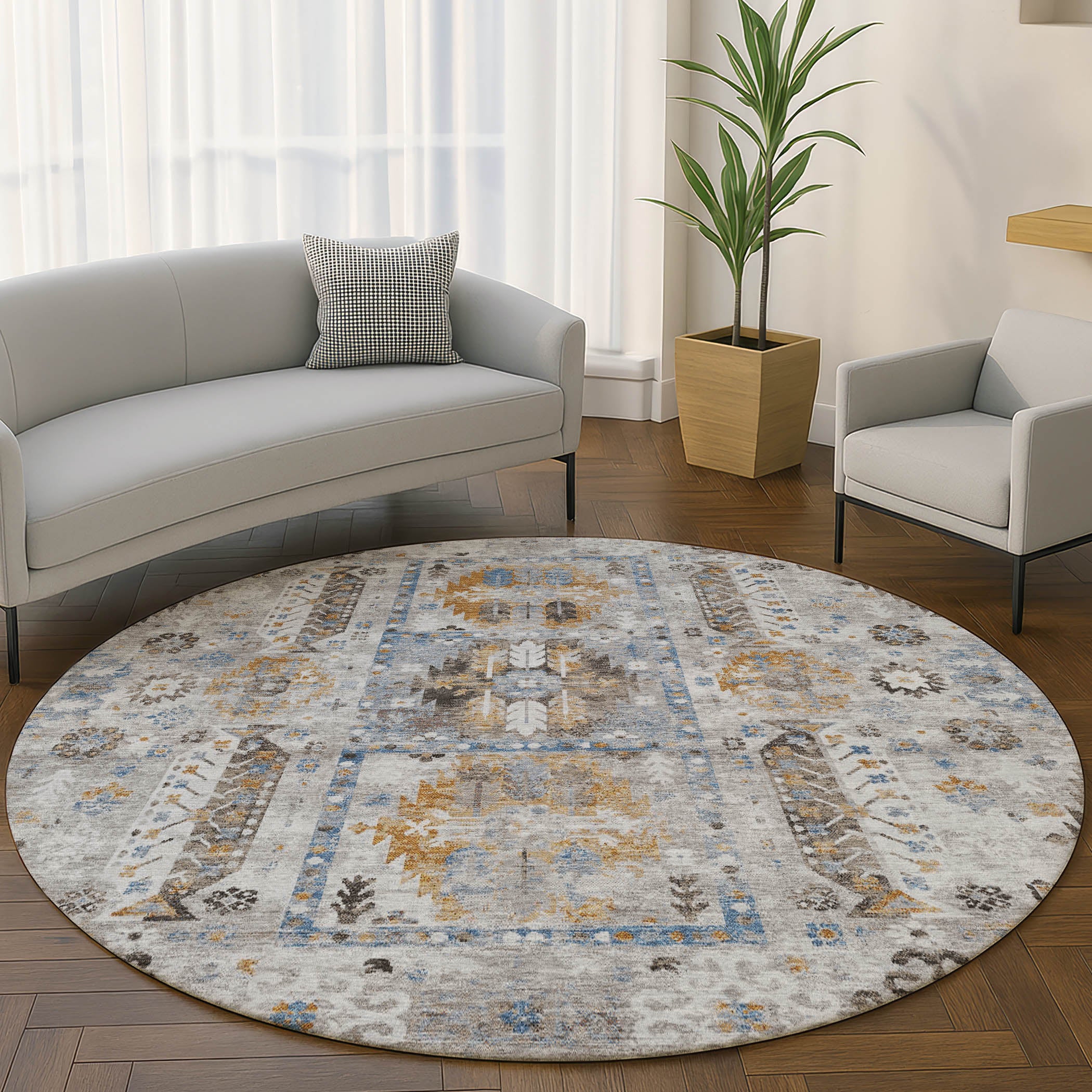 Queenstown Machine Washable Transitional Gray Rug 8' x 8' #shape_Round