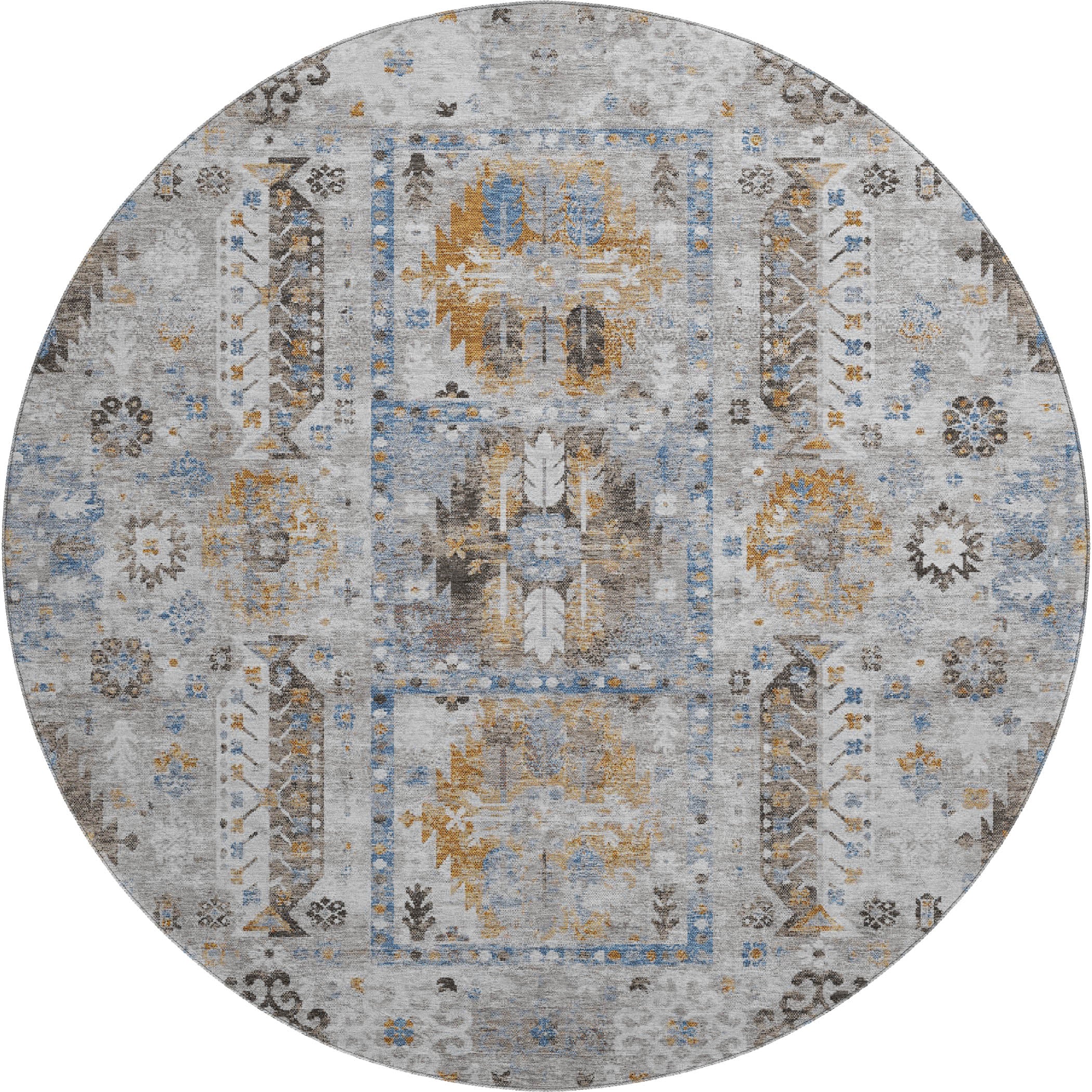 Queenstown Machine Washable Transitional Gray Rug 8' x 8' #shape_Round