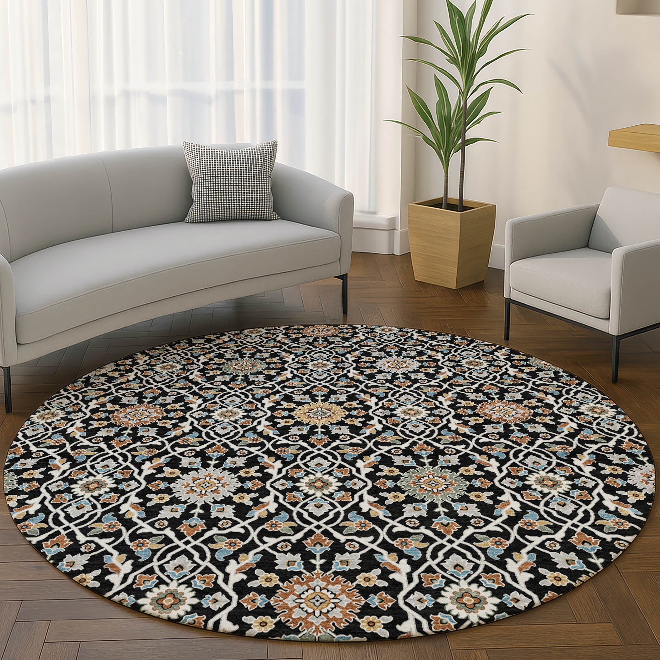 Zanzibar Machine Washable Transitional Black Rug 8' x 8' #shape_Round