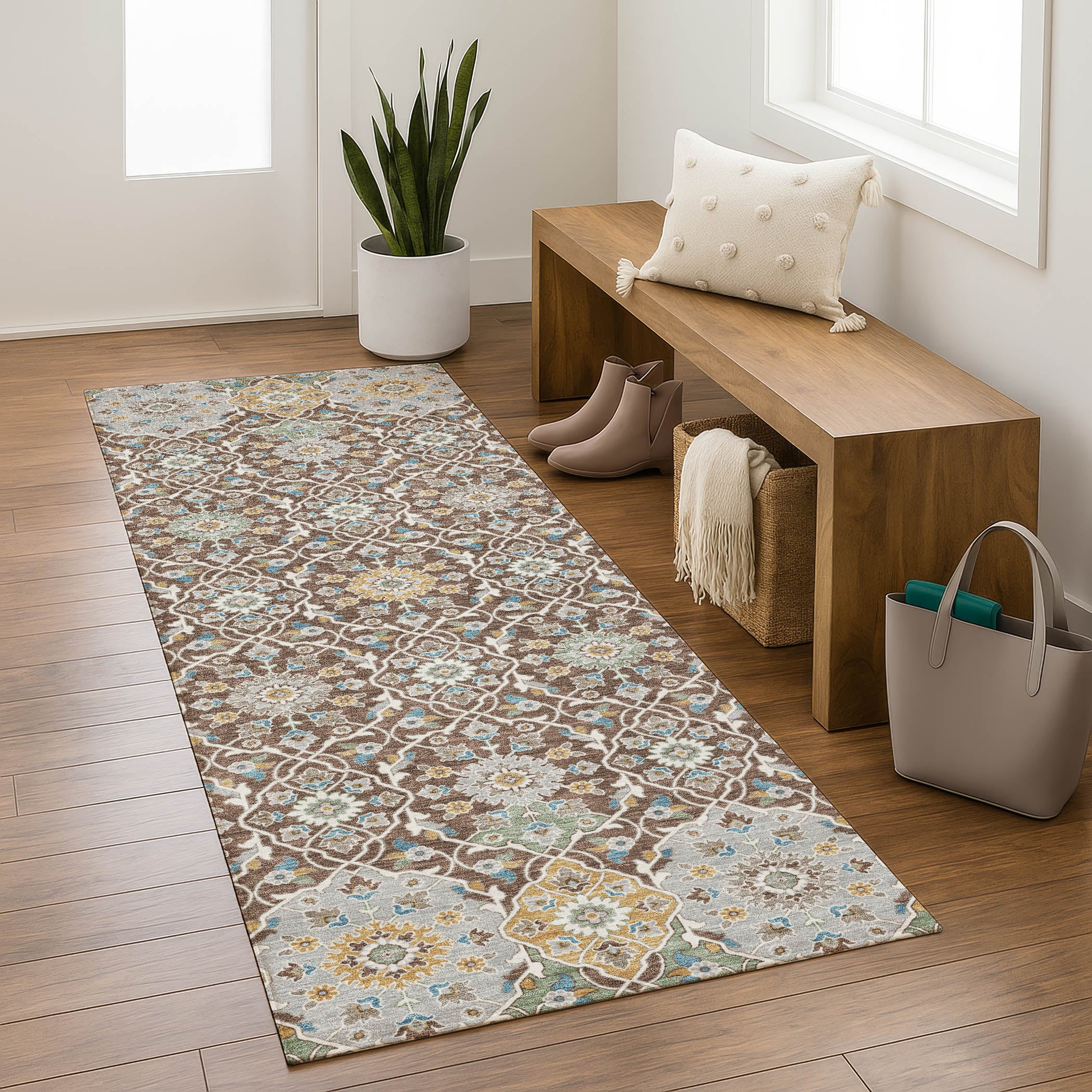 Zanzibar Machine Washable Transitional Chocolate Brown Rug 2'3" x 7'6" #shape_Runner